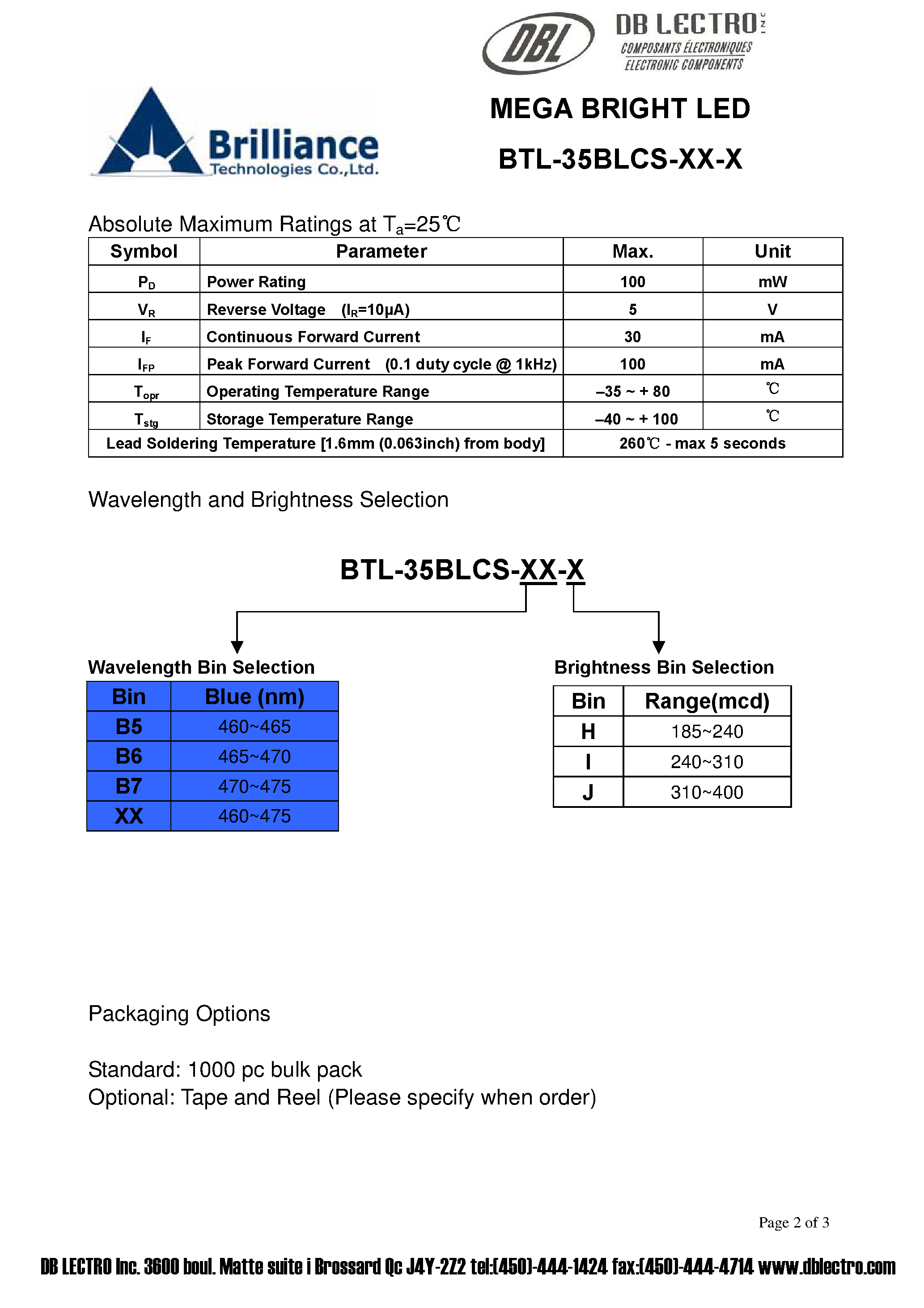Даташит на микросхему BTL-35BLCS-xx-x страница 2 Даташит BTL-35BLCS-xx-x - MEGA BRIGHT LED страница 2