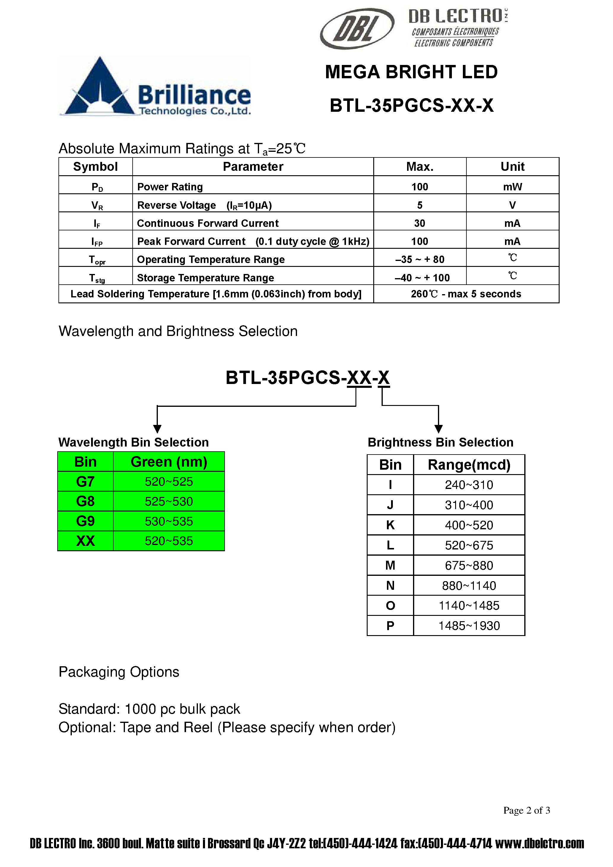 Datasheet BTL-35PGCS-xx-x page 2 Datasheet BTL-35PGCS-xx-x - MEGA BRIGHT LED page 2