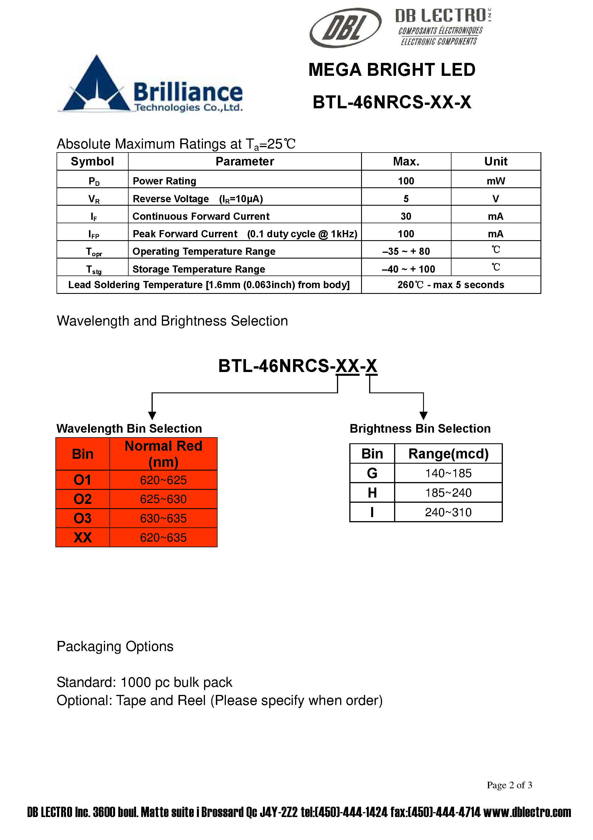 Даташит на микросхему BTL-46NRCS-xx-x страница 2 Даташит BTL-46NRCS-xx-x - MEGA BRIGHT LED страница 2