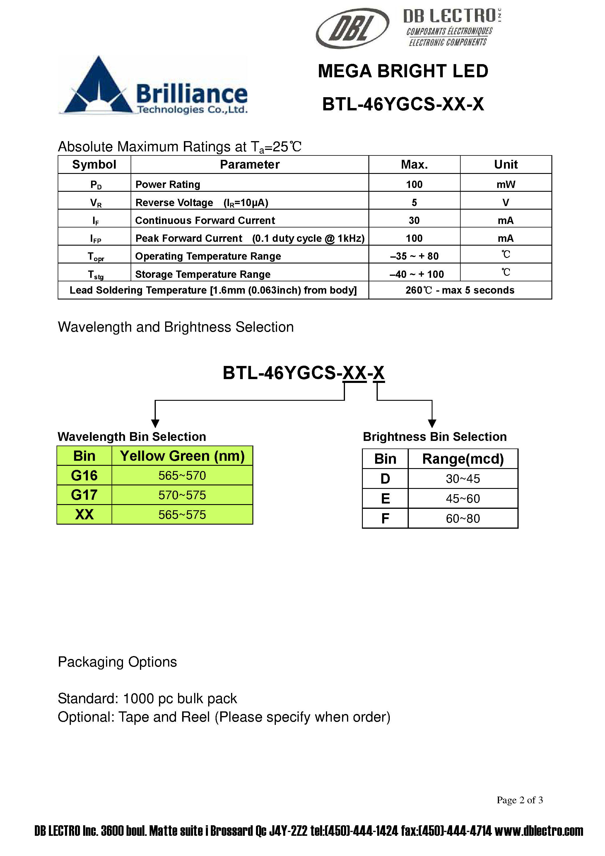 Даташит на микросхему BTL-46YGCS-XX-X страница 2 Даташит BTL-46YGCS-XX-X - MEGA BRIGHT LED страница 2