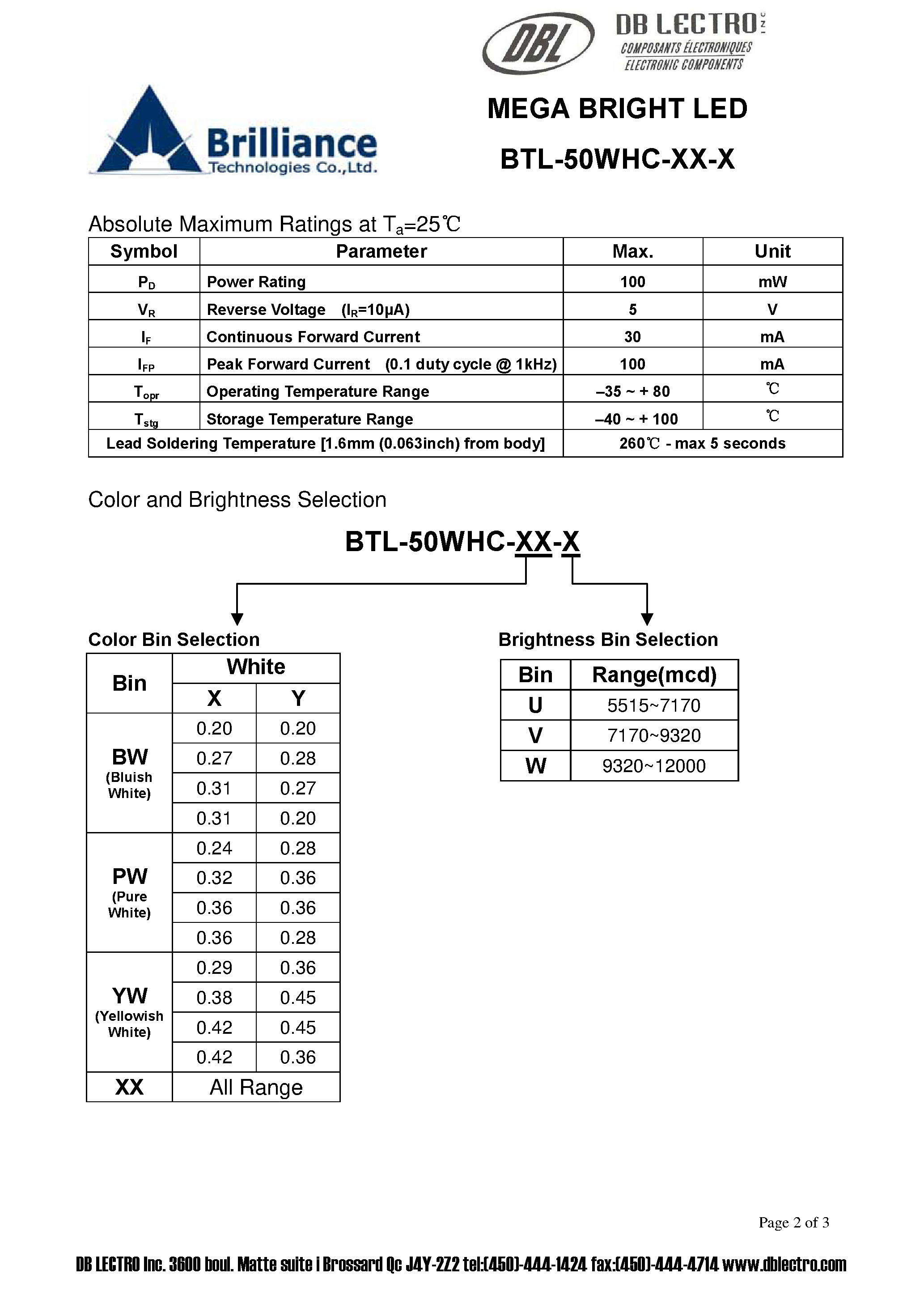 Даташит на микросхему BTL-50WHC-xx-x страница 2 Даташит BTL-50WHC-xx-x - MEGA BRIGHT LED страница 2