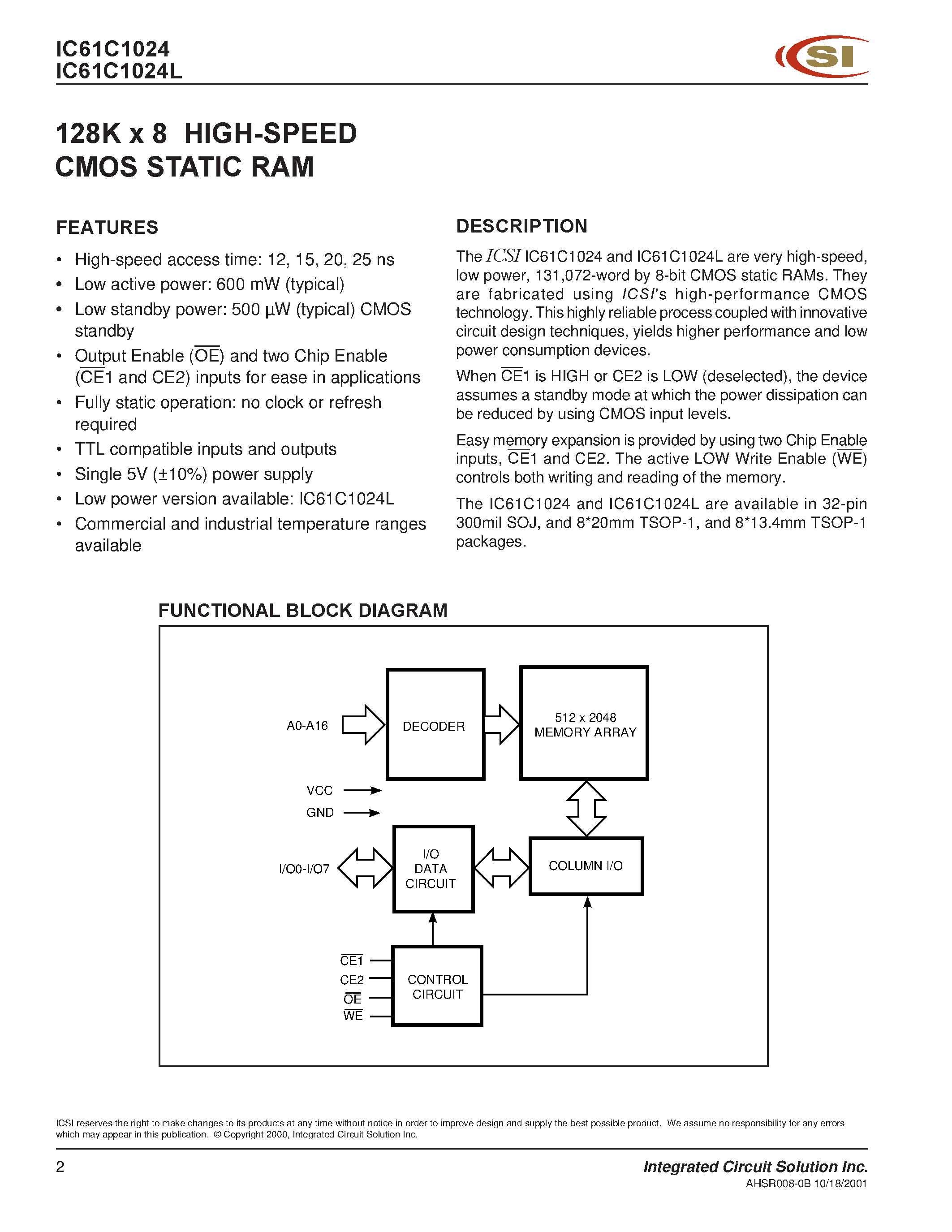Даташит на микросхему IC61C1024 страница 2 Даташит IC61C1024 - 128K x 8 HIGH-SPEED CMOS STATIC RAM страница 2