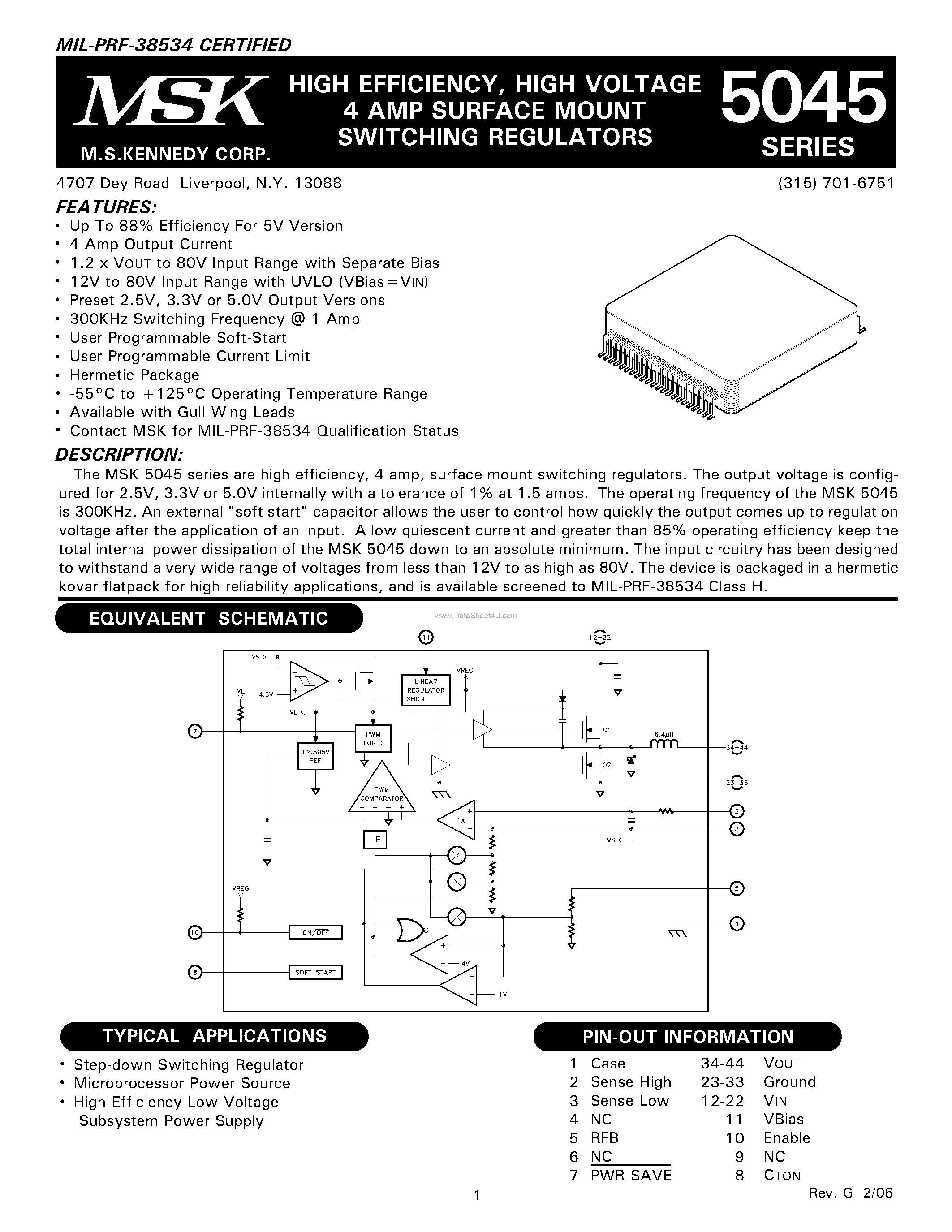 Даташит на микросхему MSK5045 страница 1 Даташит MSK5045 - HIGH VOLTAGE 4 AMP SURFACE MOUNT SWITCHING REGULATORS страница 1