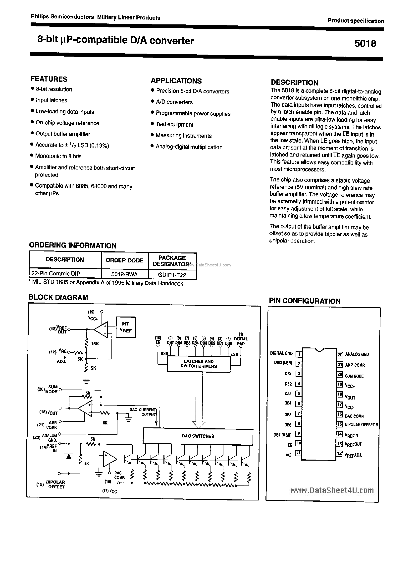 Datasheet 5018 - 8-Bit uP-compatible D/A Converter page 1