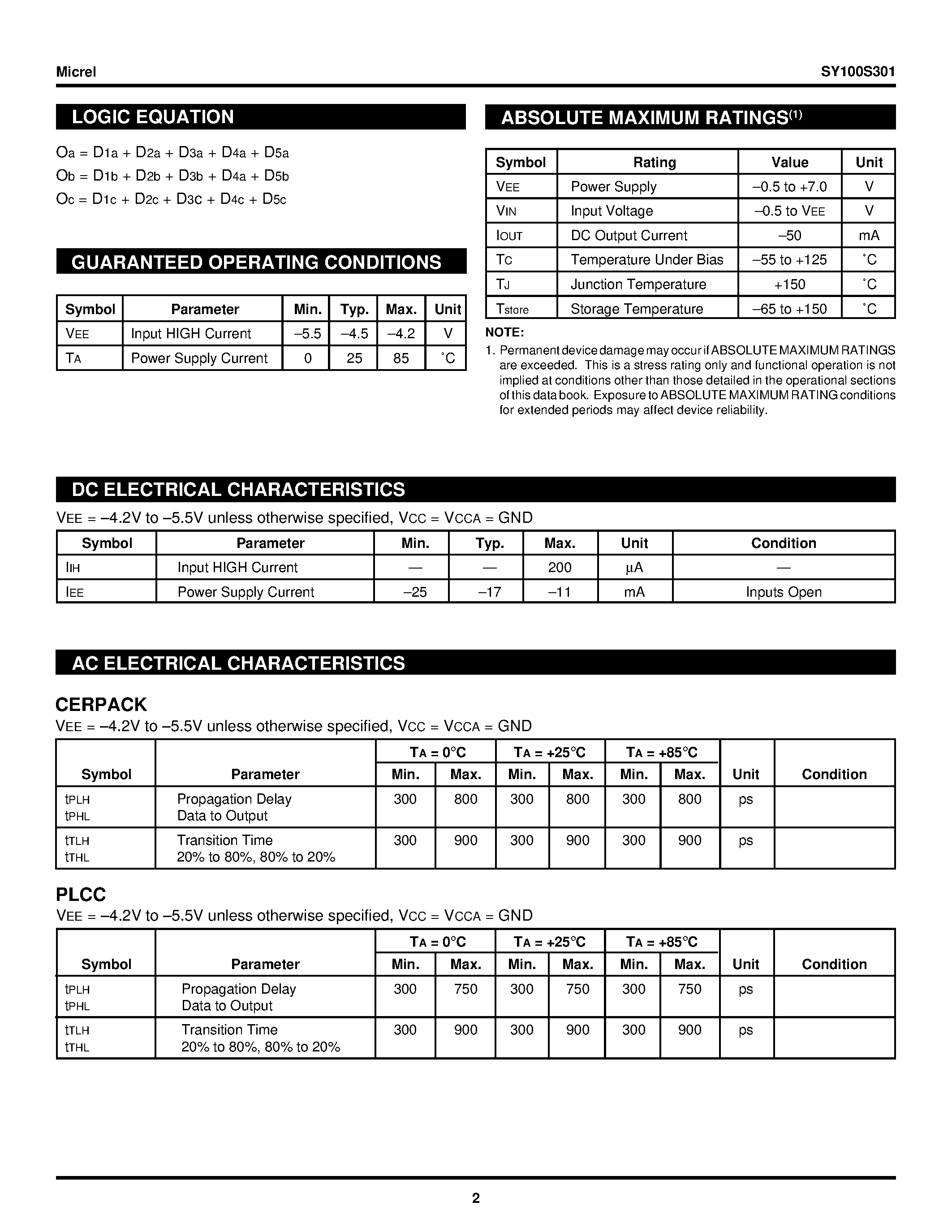 Datasheet SY100S301 - Triple 5-INPUT Or/nOR GATE page 2