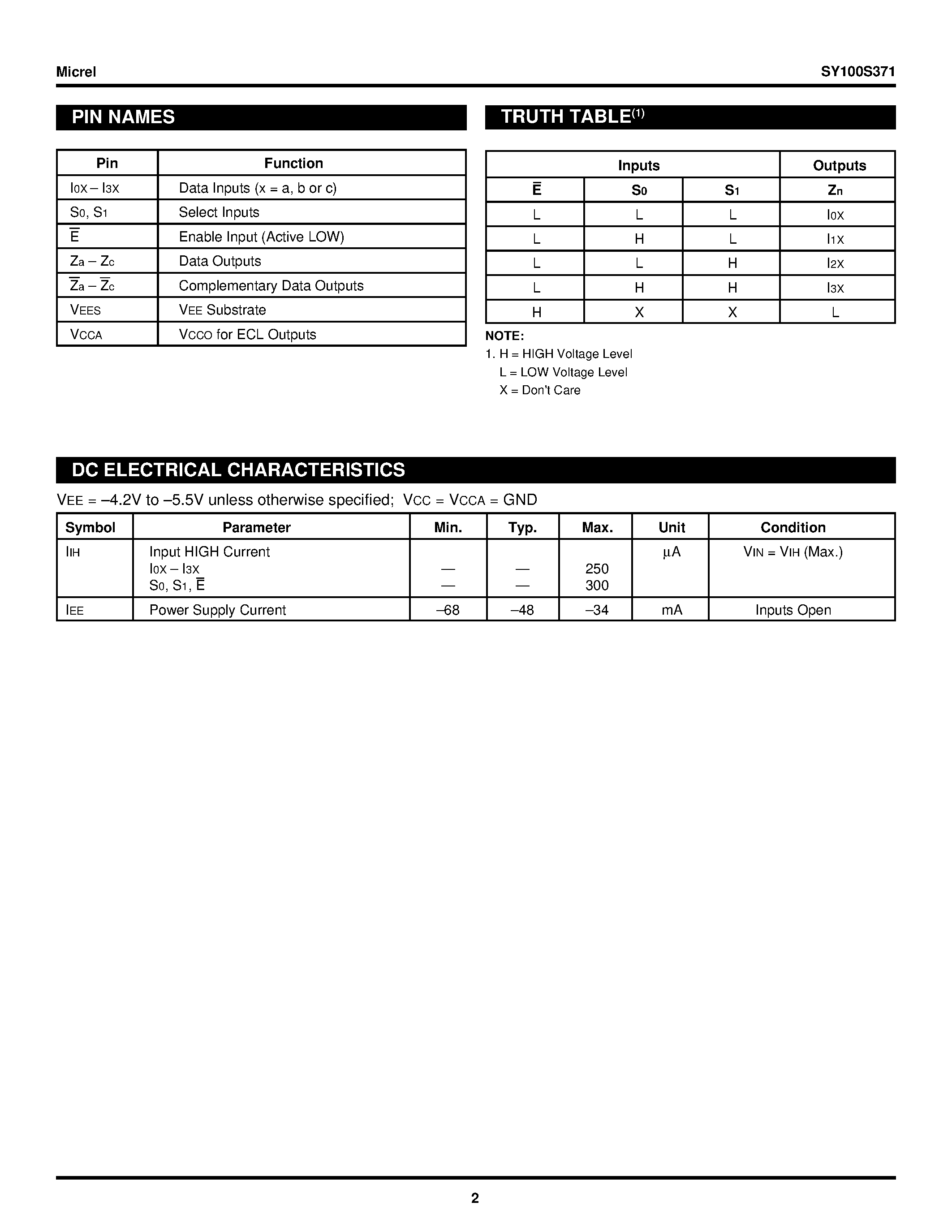 Datasheet SY100S371 - Triple 4-Input Multiplexer W/enable page 2