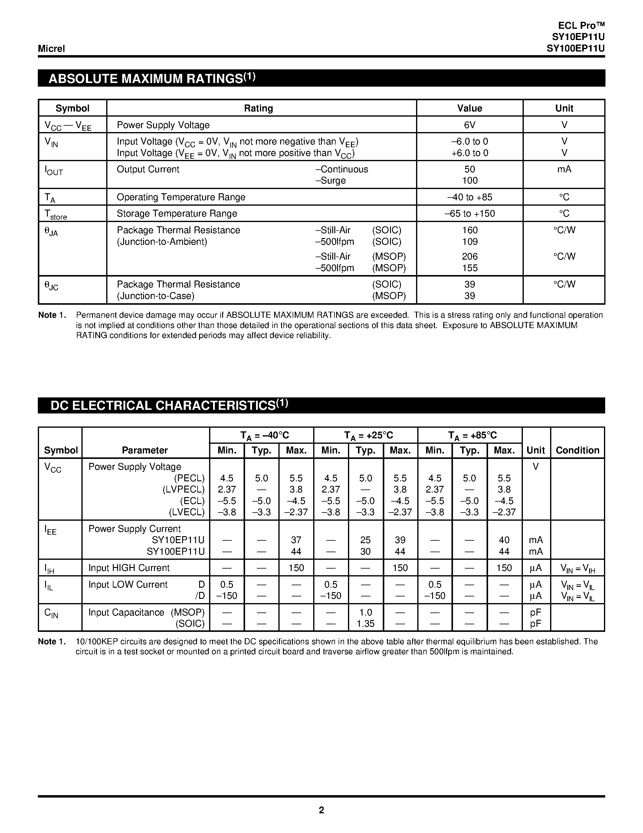Даташит SY100EP11U - 1:2 Differential Fanout Buffer страница 2