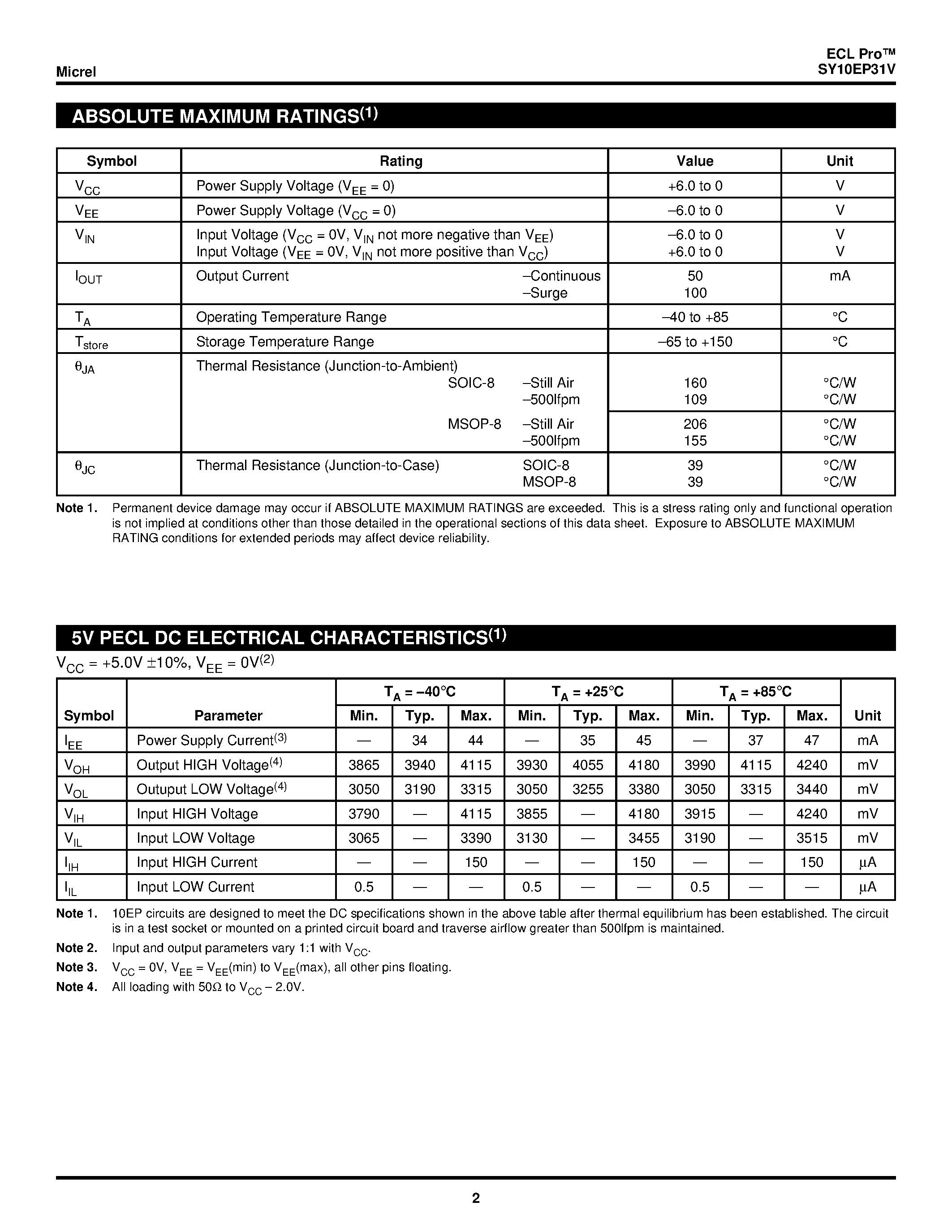 Даташит SY10EP31V - D Flip-flop страница 2