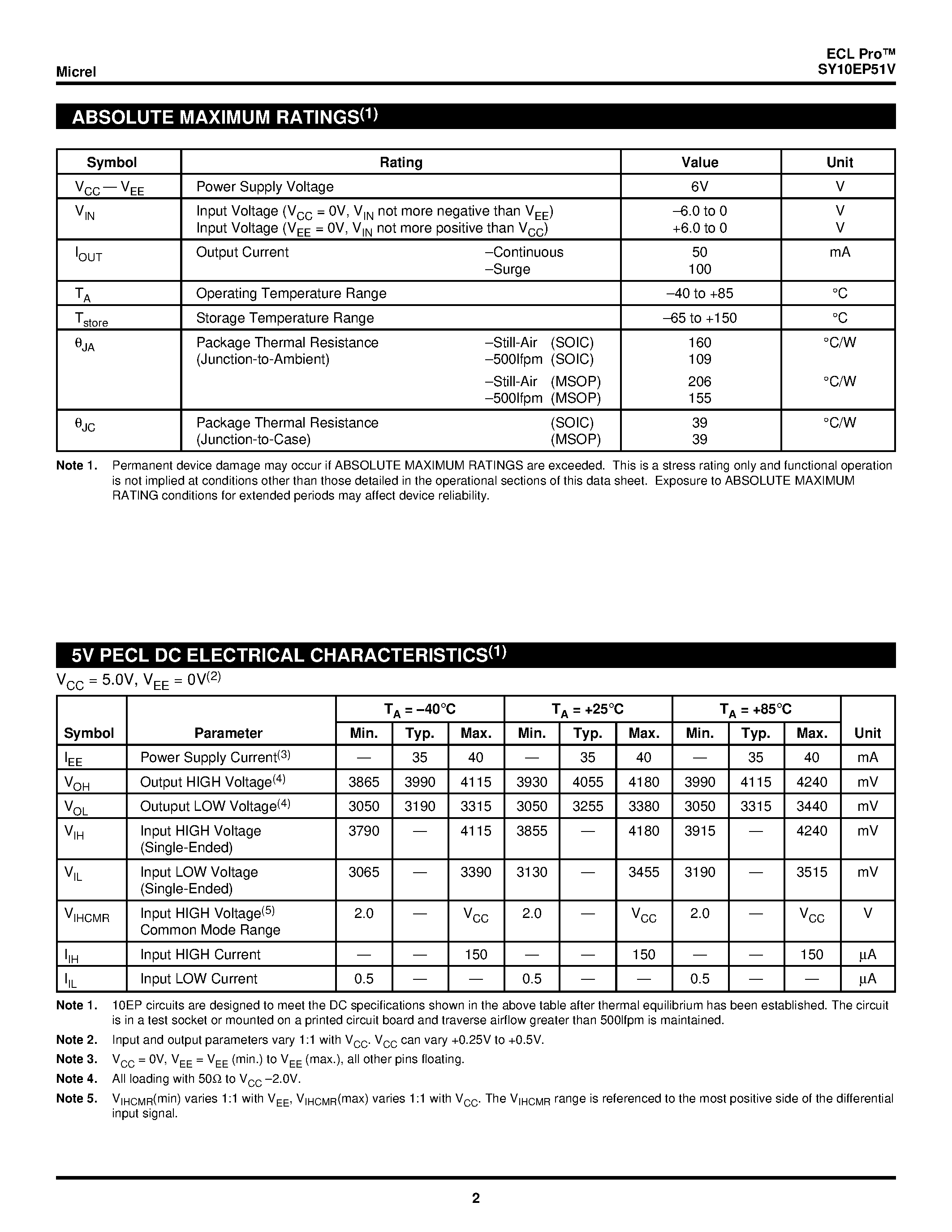 Даташит SY10EP51V - Differential Clock D Flip-flop страница 2