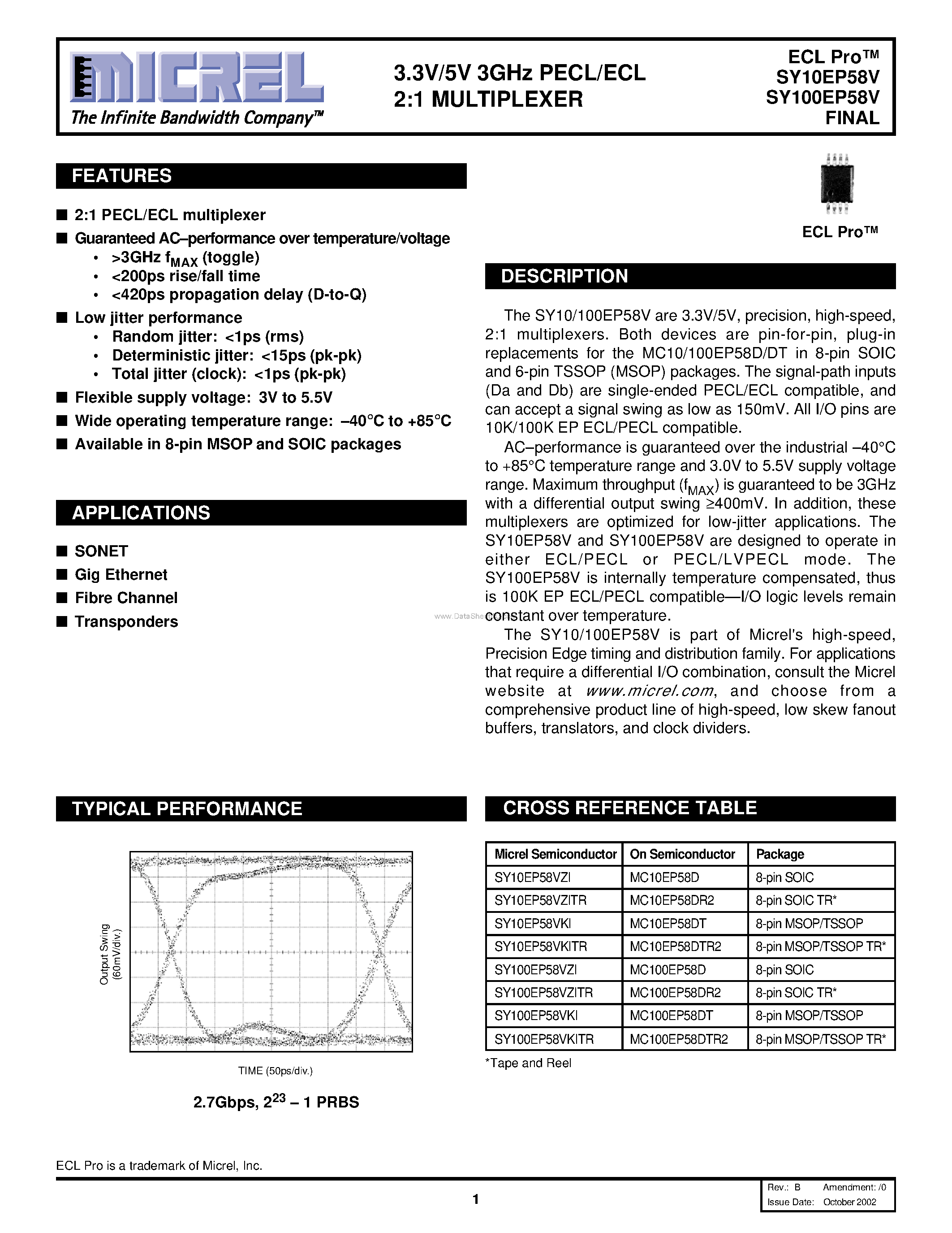 Datasheet SY100EP58V - 2:1 Multiplexer page 1