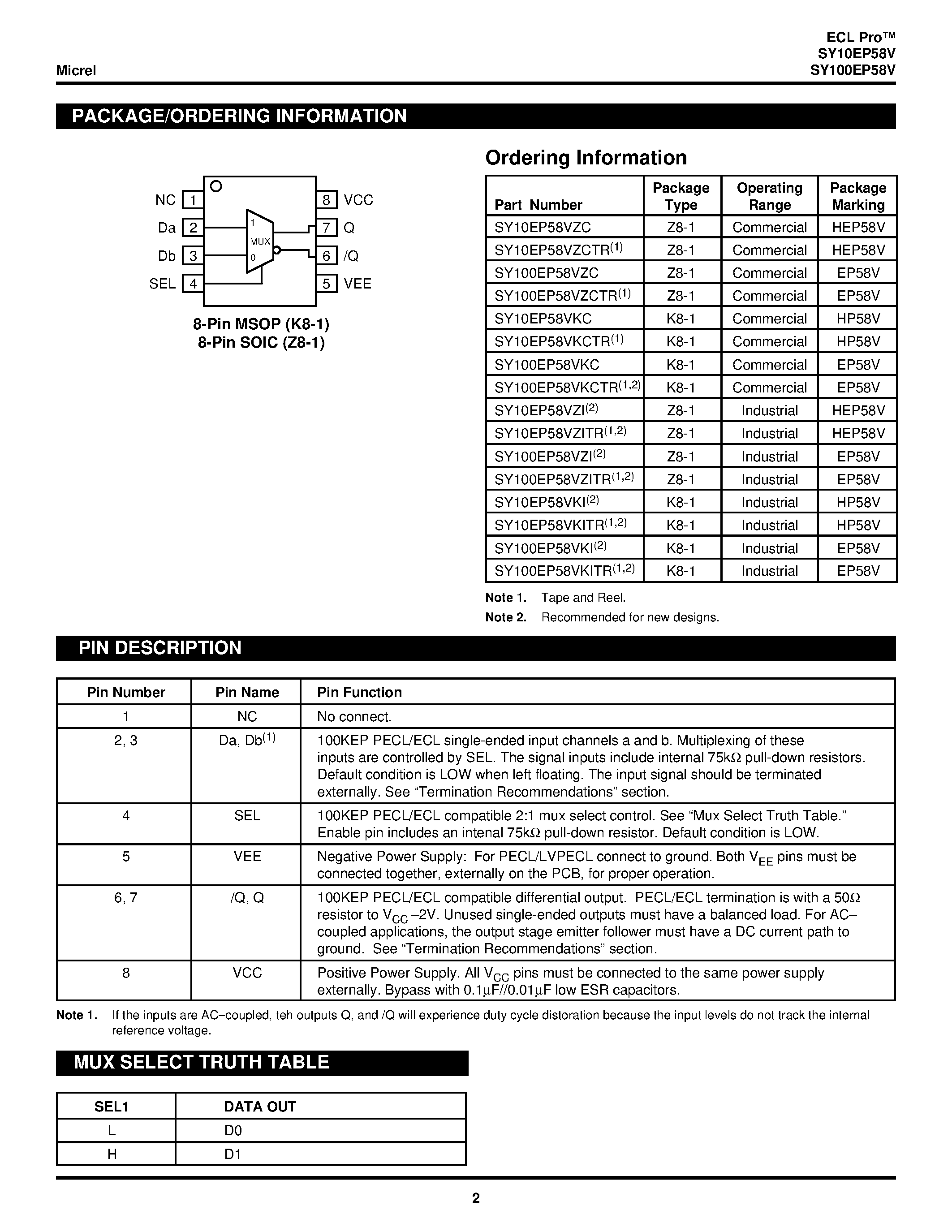 Datasheet SY100EP58V - 2:1 Multiplexer page 2