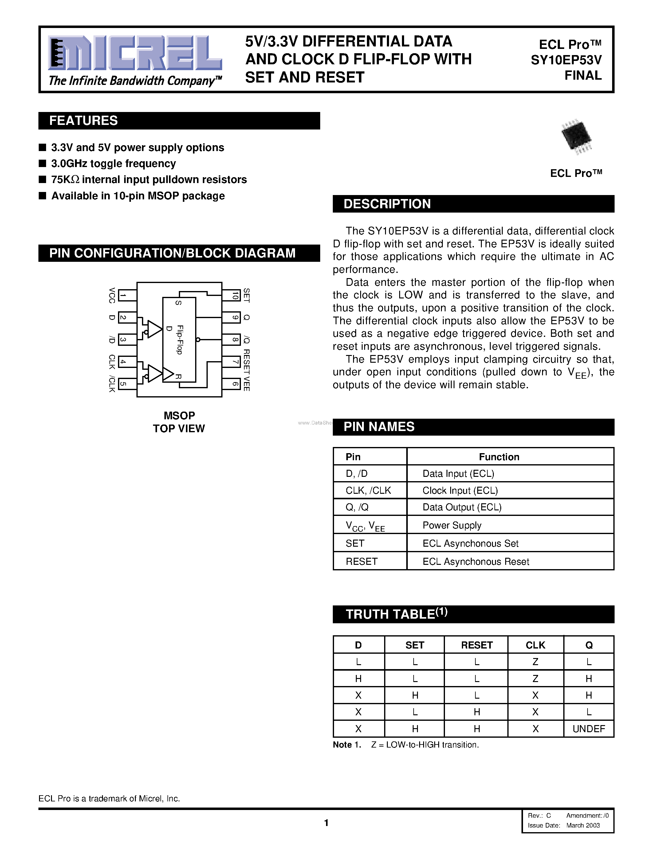 Даташит SY10EP53V - Differential Data And Clock D Flip-flop страница 1