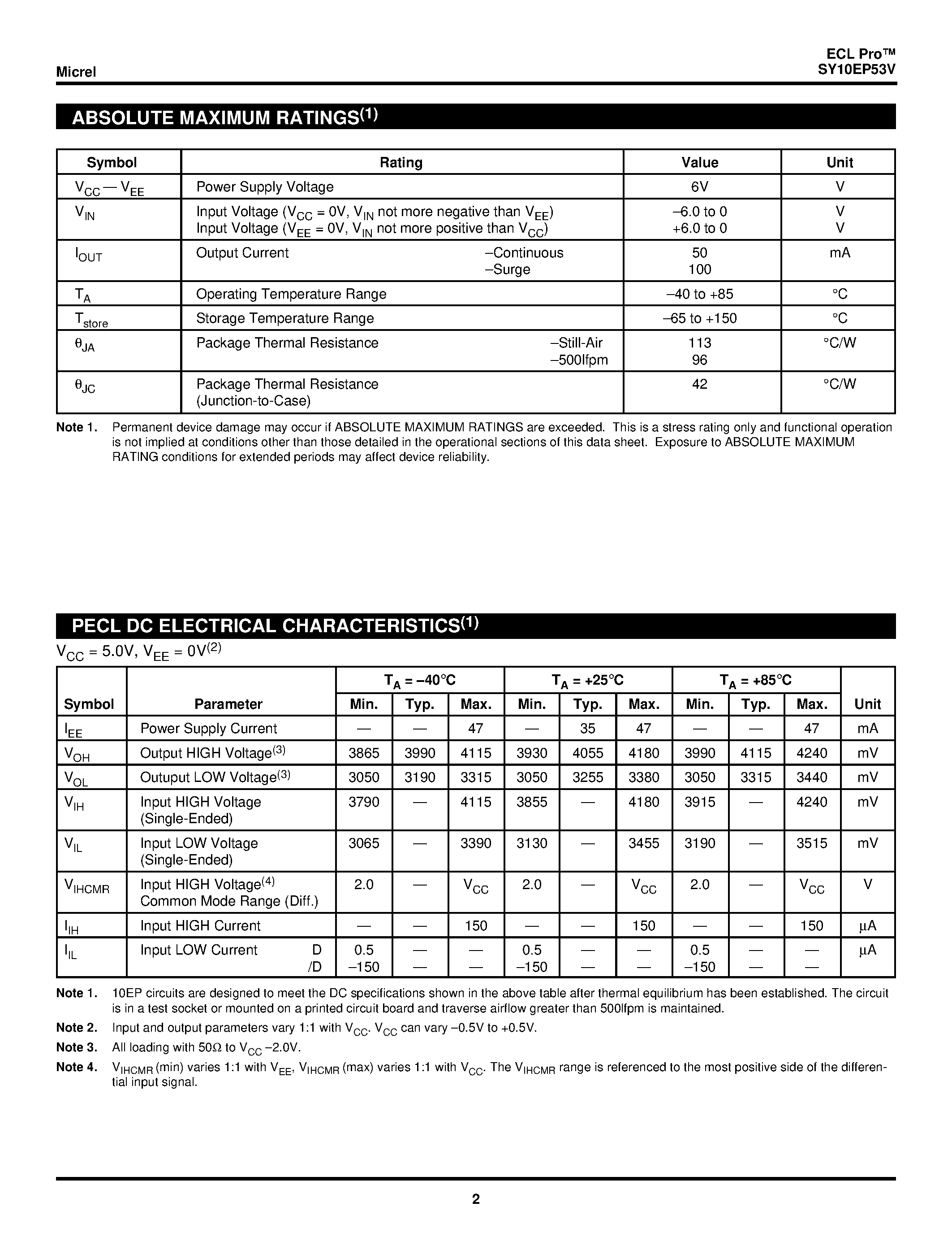Даташит SY10EP53V - Differential Data And Clock D Flip-flop страница 2