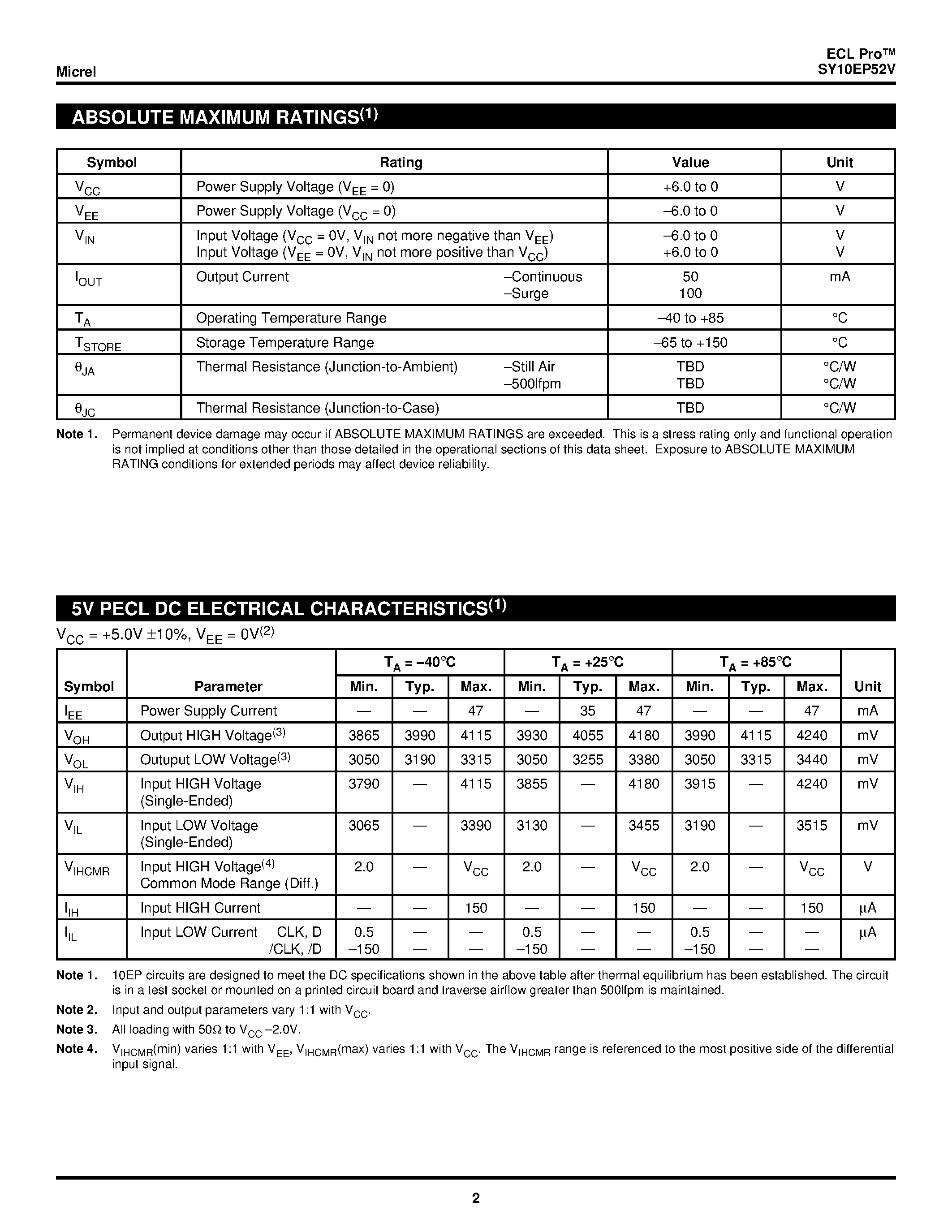 Даташит SY10EP52V - Differential Data And Clock D Flip-flop страница 2