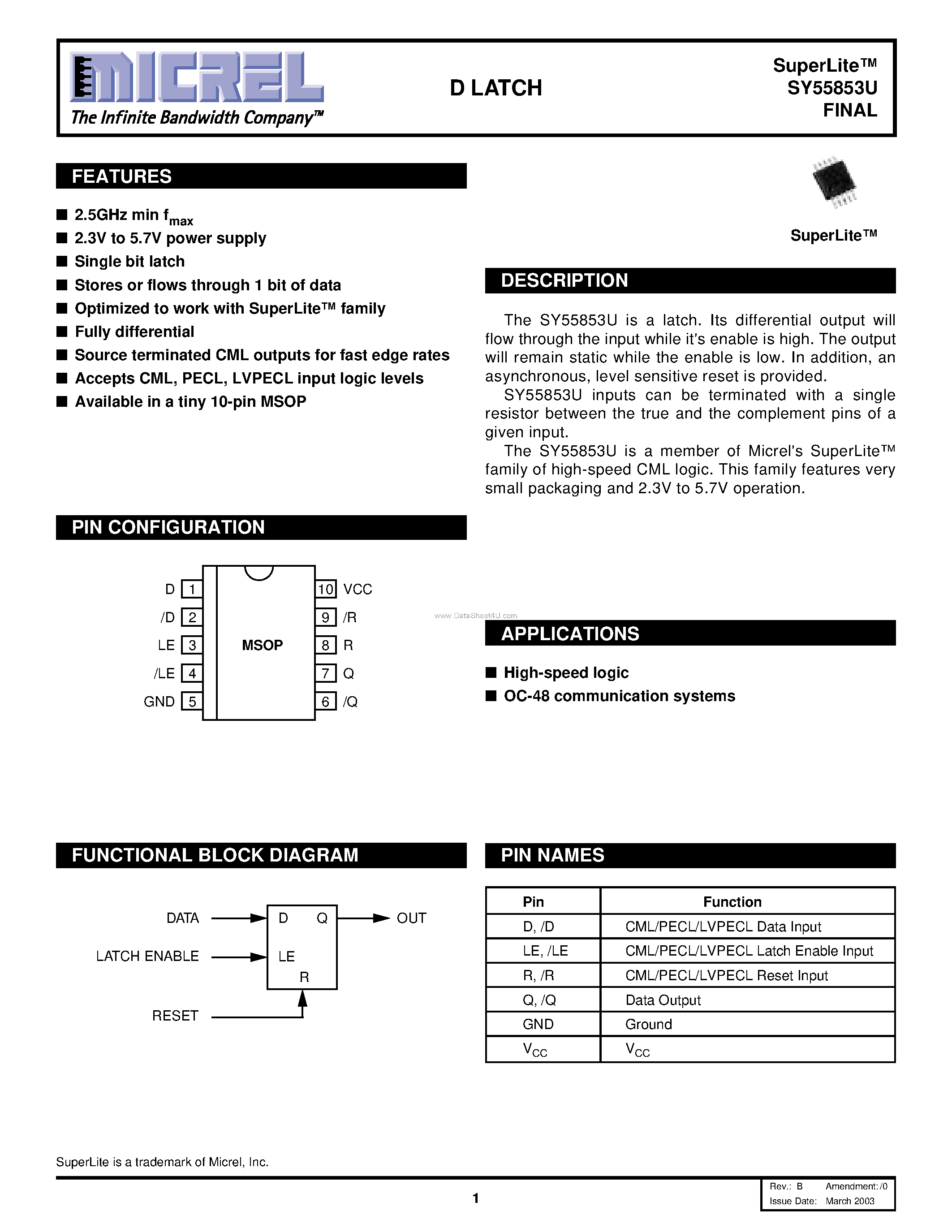 Даташит SY55853U - D Latch страница 1