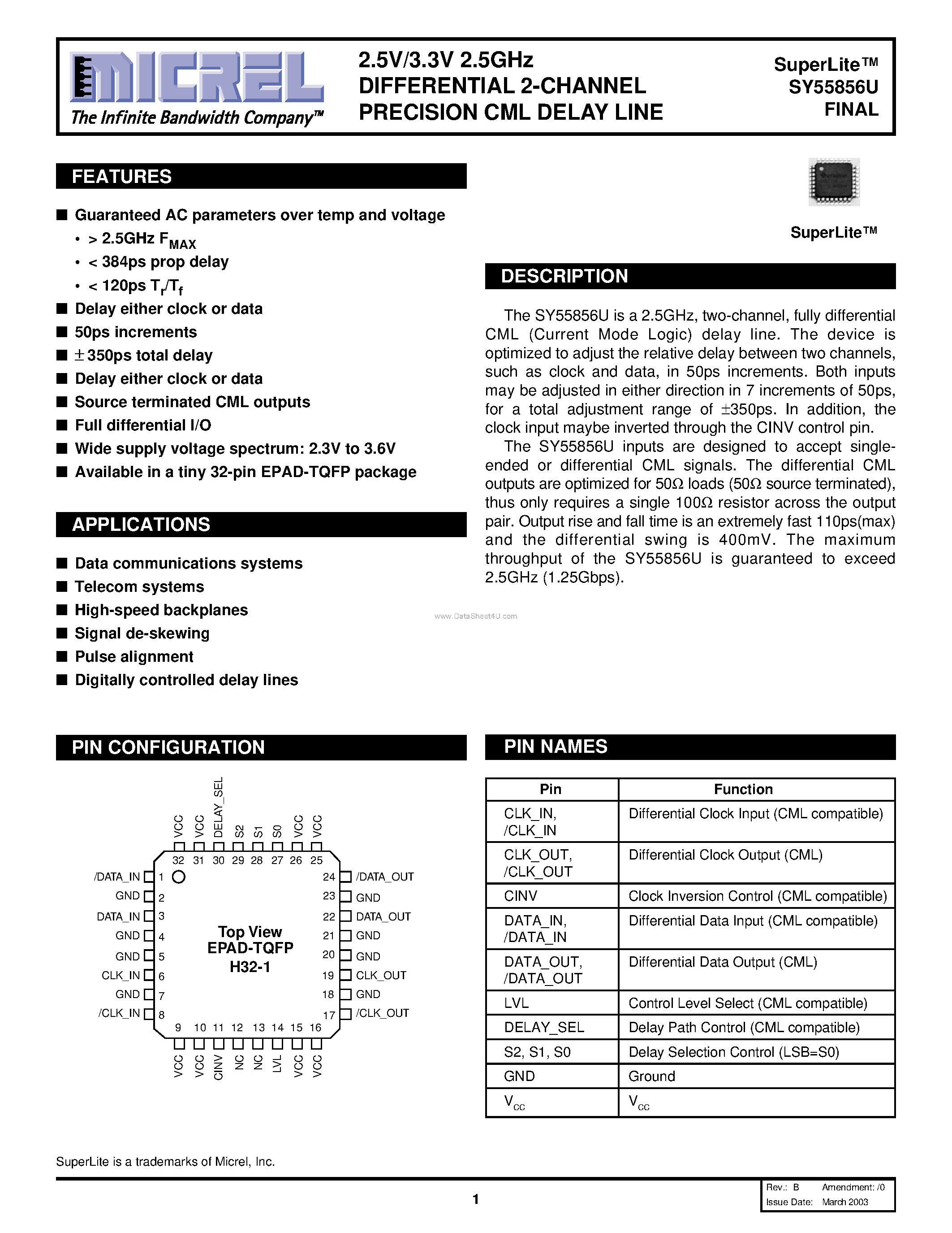 Datasheet SY55856U - 2.5GHz Precision Two Channel Delay page 1