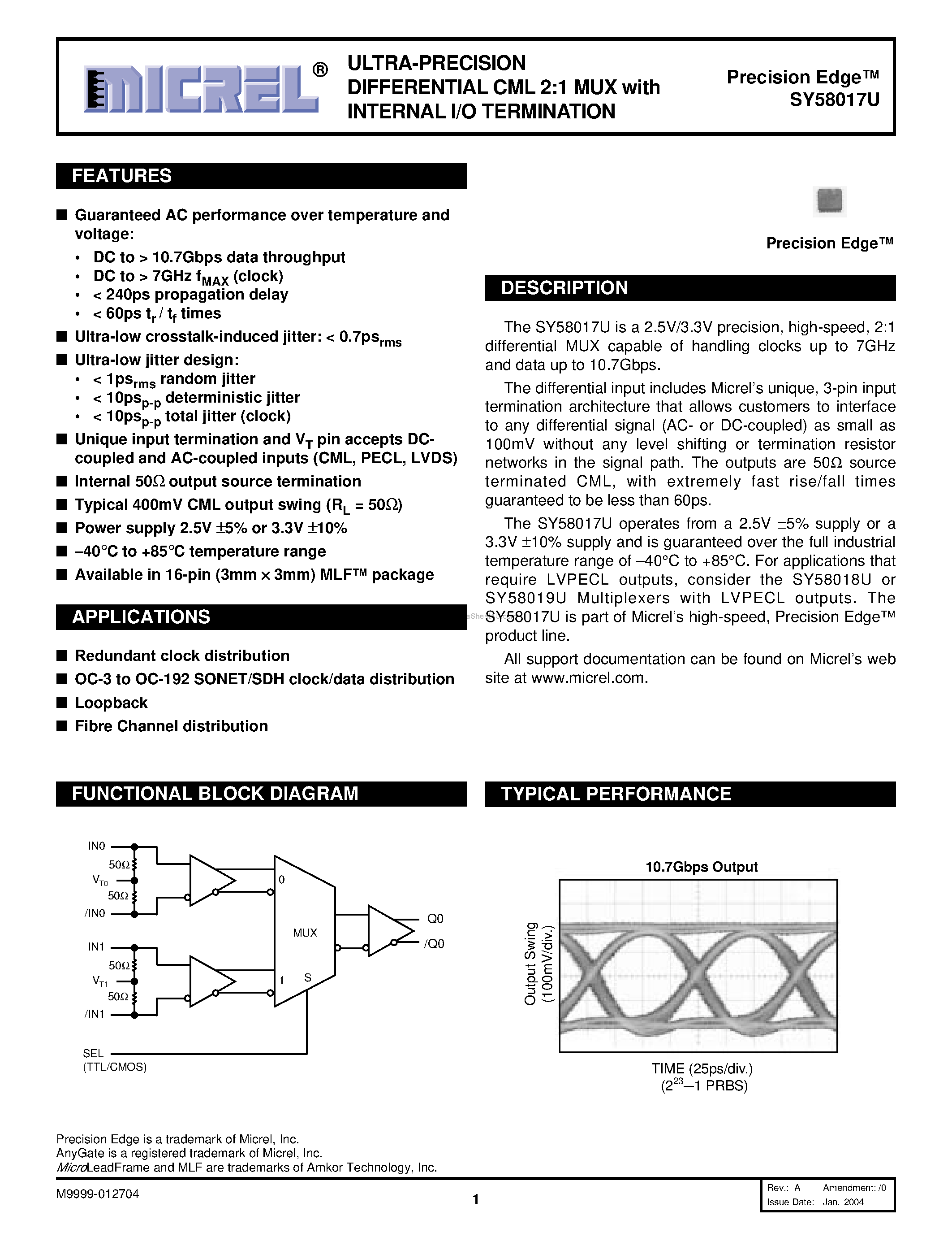 Datasheet SY58017U - 10.7Gbps Differential CML 2:1 Mux page 1
