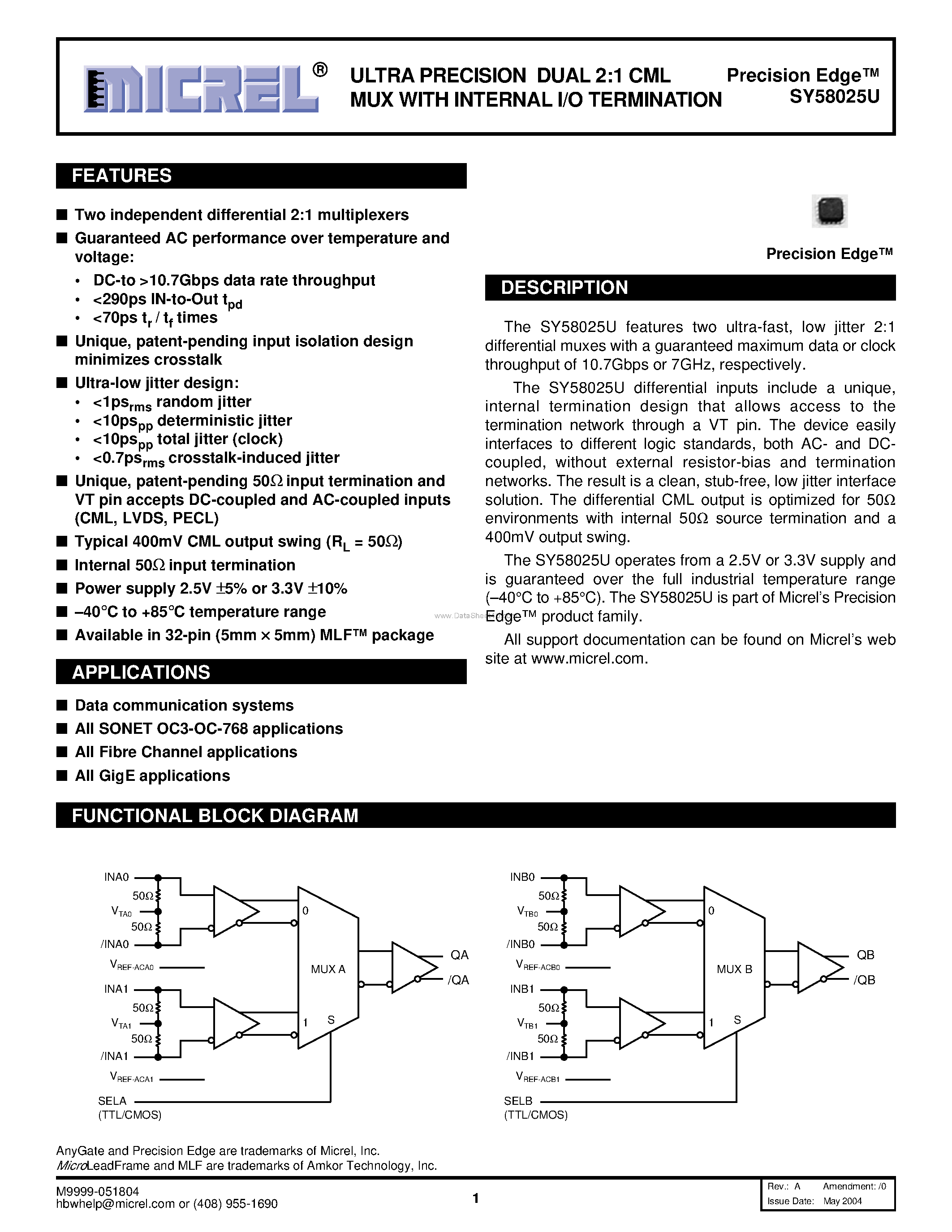 Datasheet SY58025U - Ultra Precision Dual 2:1 CML Mux page 1