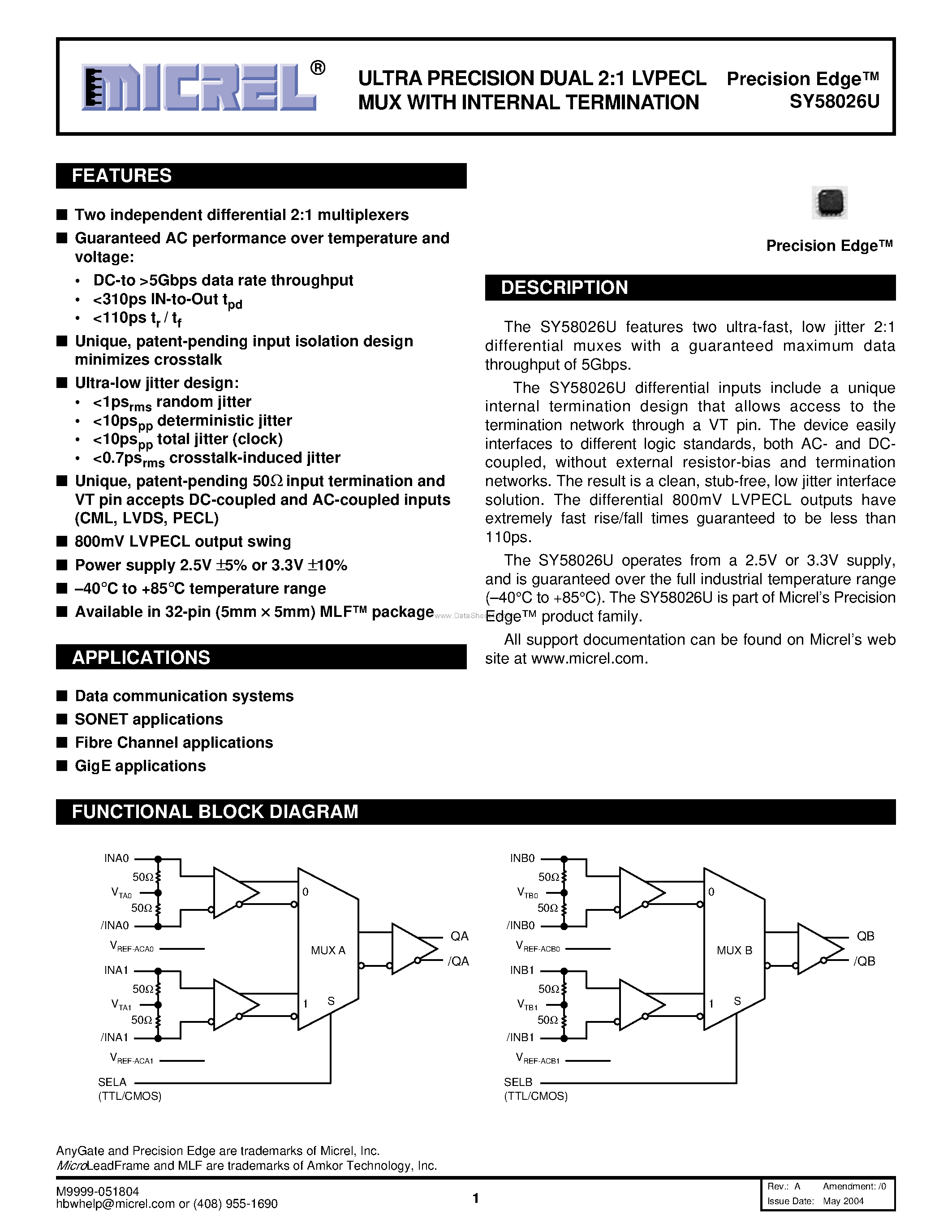 Datasheet SY58026U - Ultra Precision Dual 2:1 Lvpecl Mux page 1