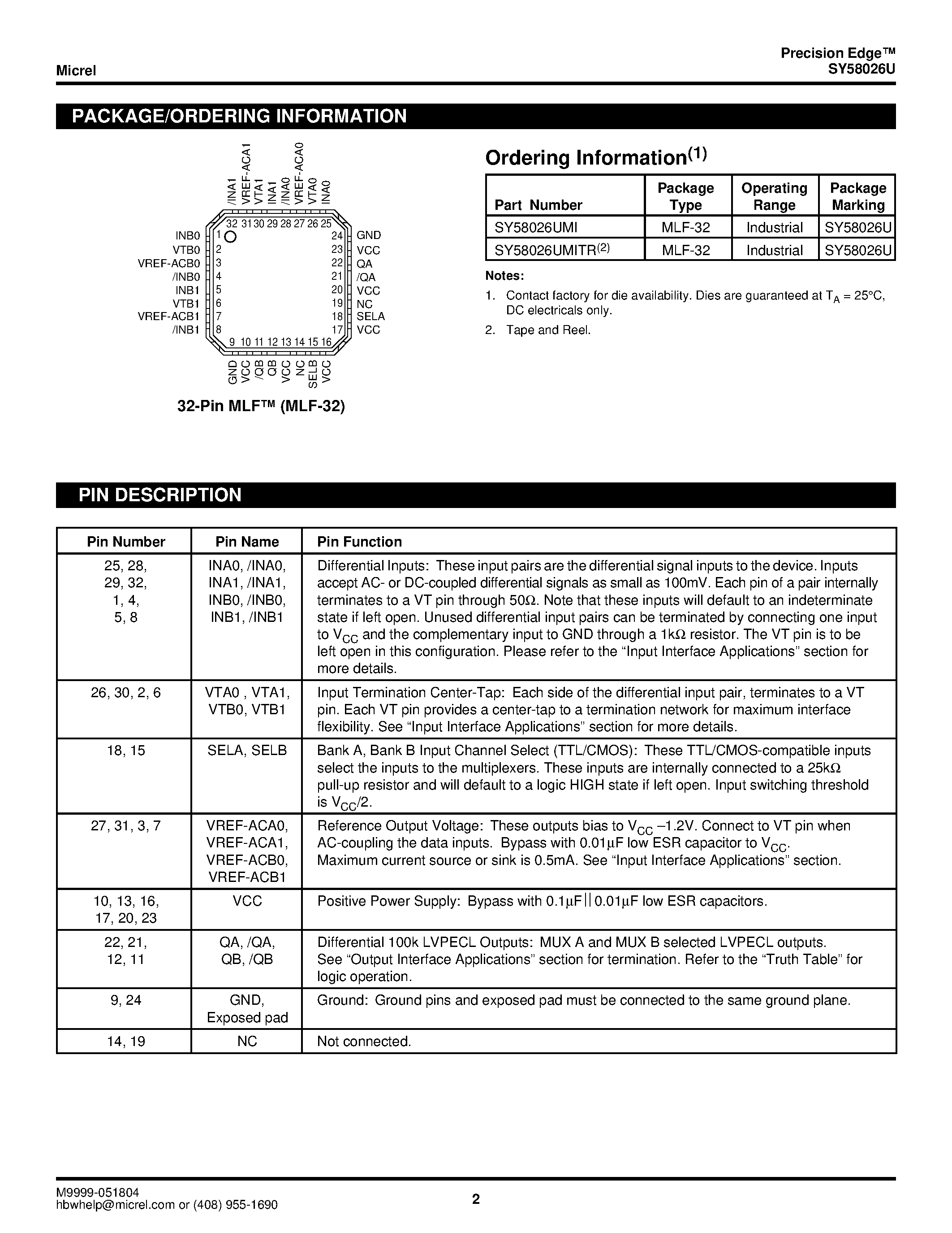 Datasheet SY58026U - Ultra Precision Dual 2:1 Lvpecl Mux page 2