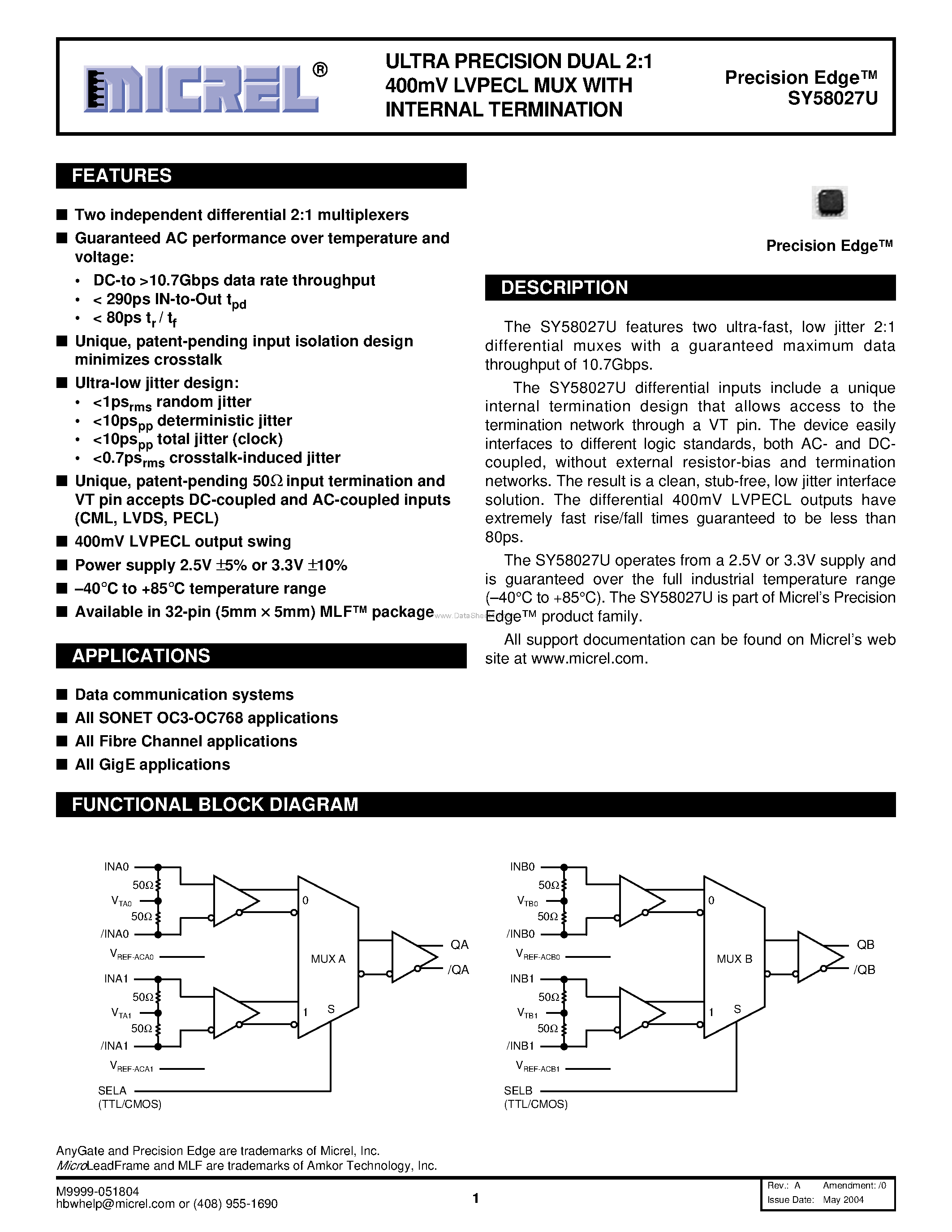 Datasheet SY58027U - Ultra Precision Dual 2:1 400mV Lvpecl Mux page 1