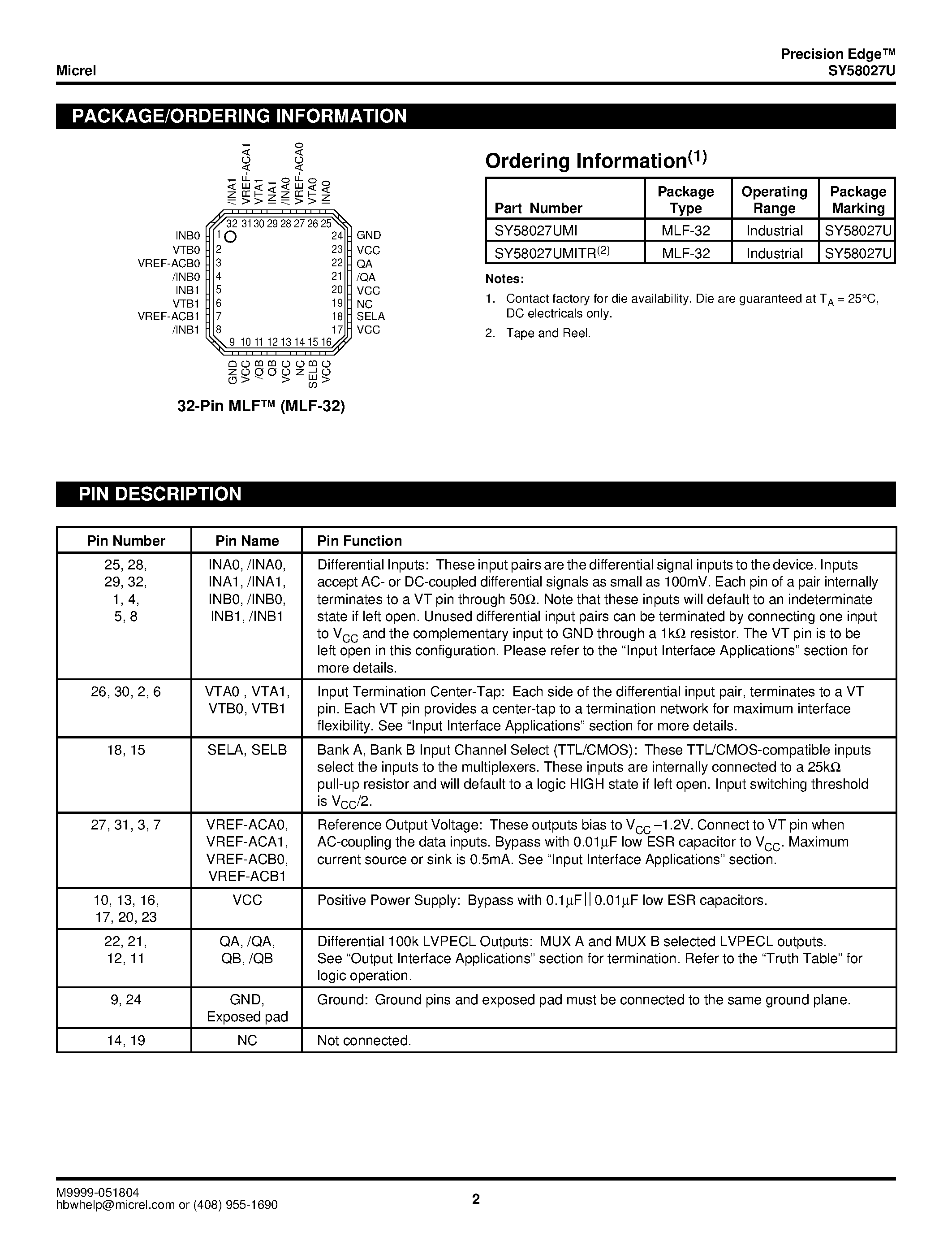 Datasheet SY58027U - Ultra Precision Dual 2:1 400mV Lvpecl Mux page 2