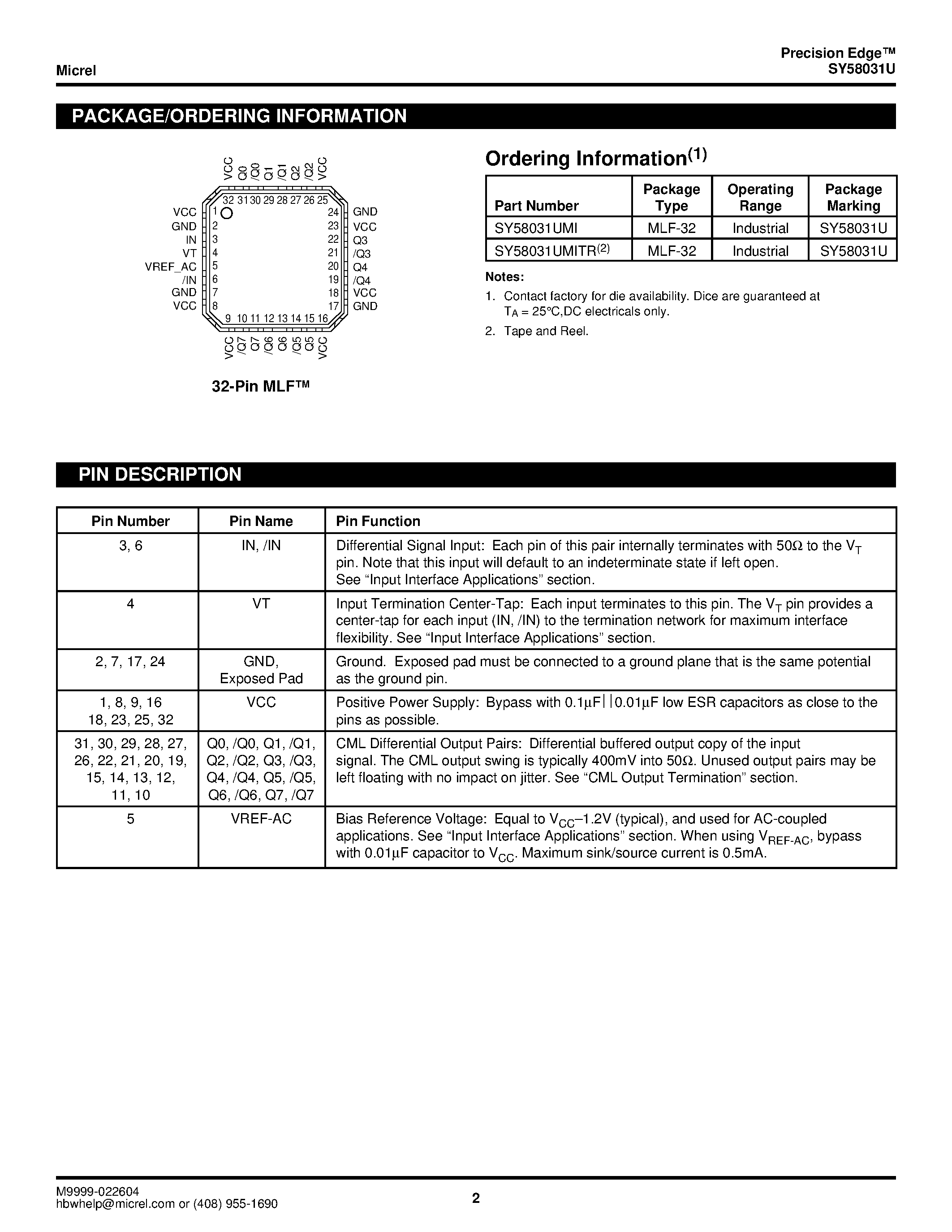 Даташит на микросхему SY58031U страница 2 Даташит SY58031U - Ultra-precision 1:8 Fanout Buffer страница 2