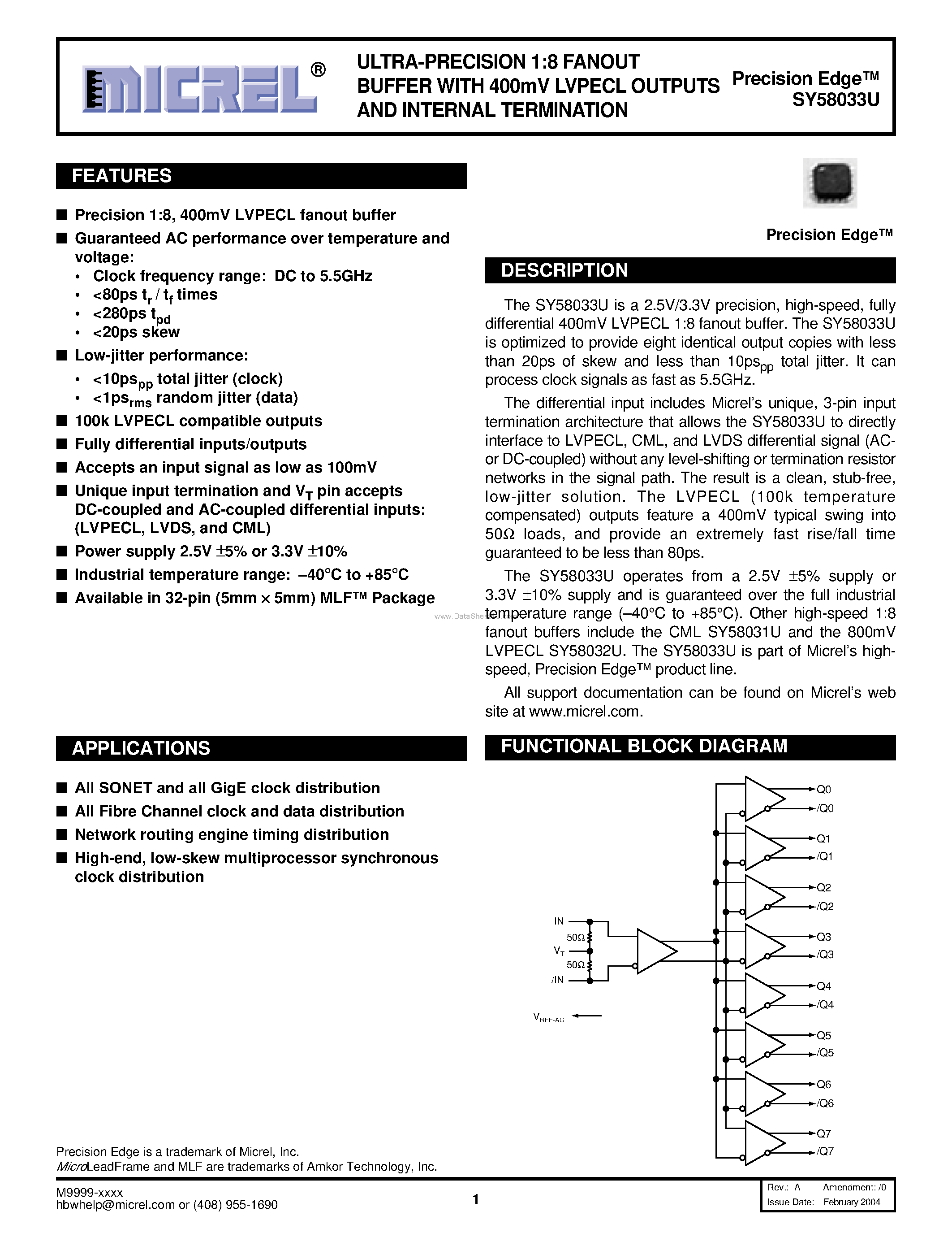 Даташит на микросхему SY58033U страница 1 Даташит SY58033U - Ultra-precision 1:8 Fanout Buffer страница 1