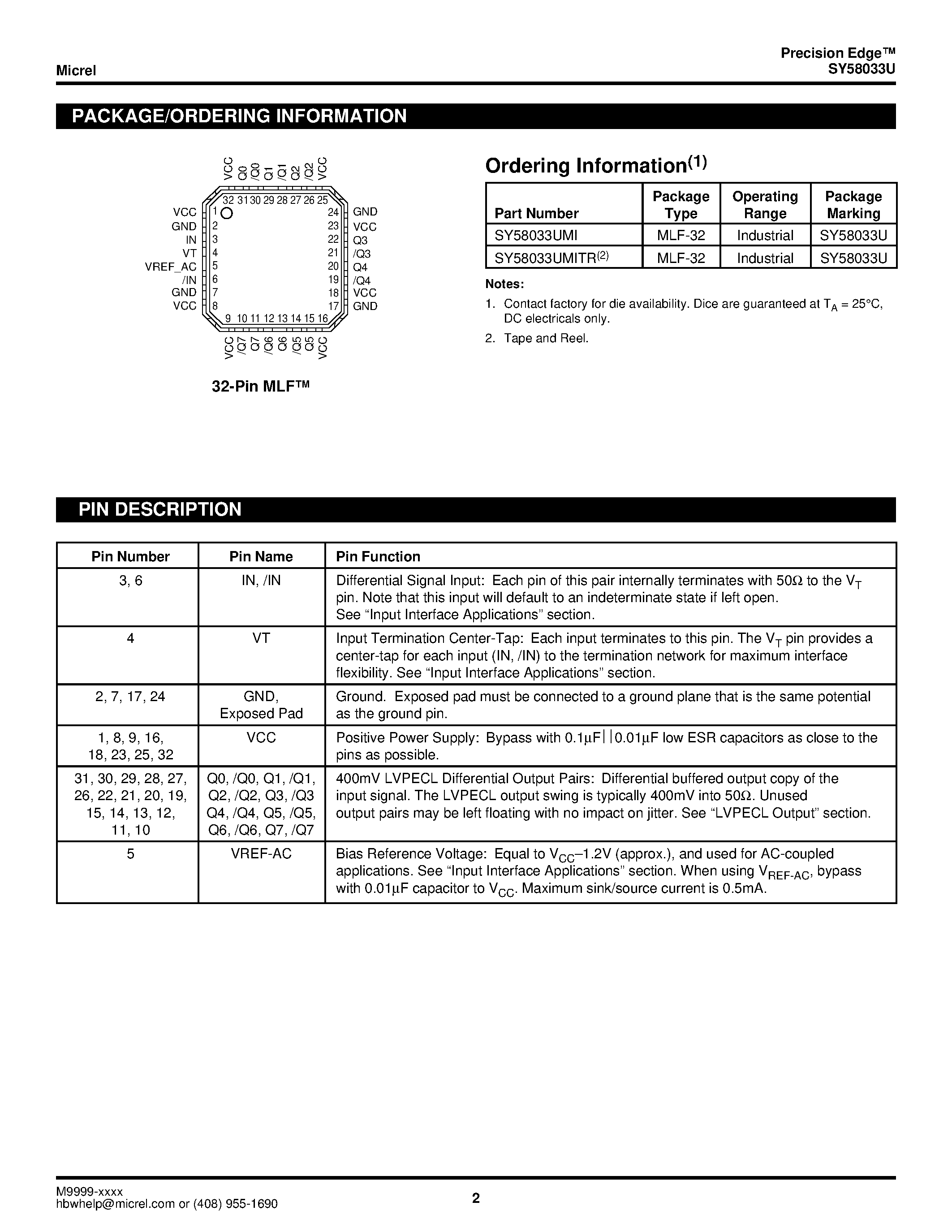 Даташит на микросхему SY58033U страница 2 Даташит SY58033U - Ultra-precision 1:8 Fanout Buffer страница 2
