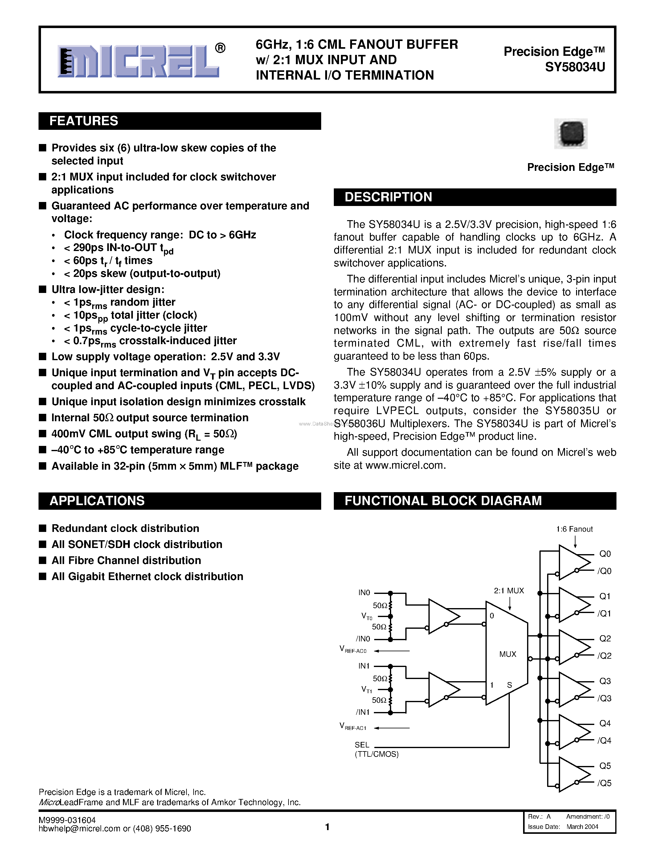Даташит на микросхему SY58034U страница 1 Даташит SY58034U - 1:6 CML FANOUT BUFFER страница 1