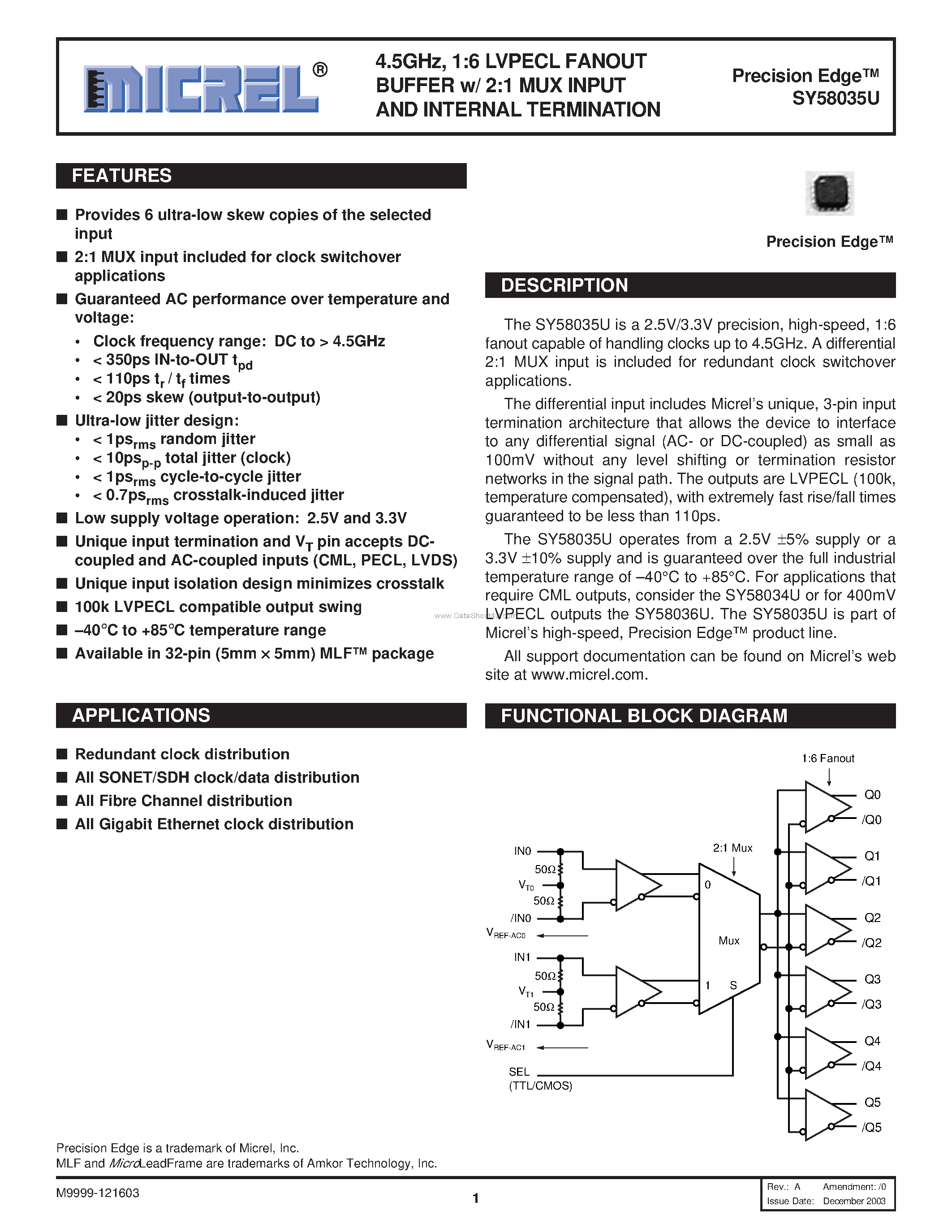 Даташит на микросхему SY58035U страница 1 Даташит SY58035U - 1:6 LVPECL FANOUT BUFFER страница 1