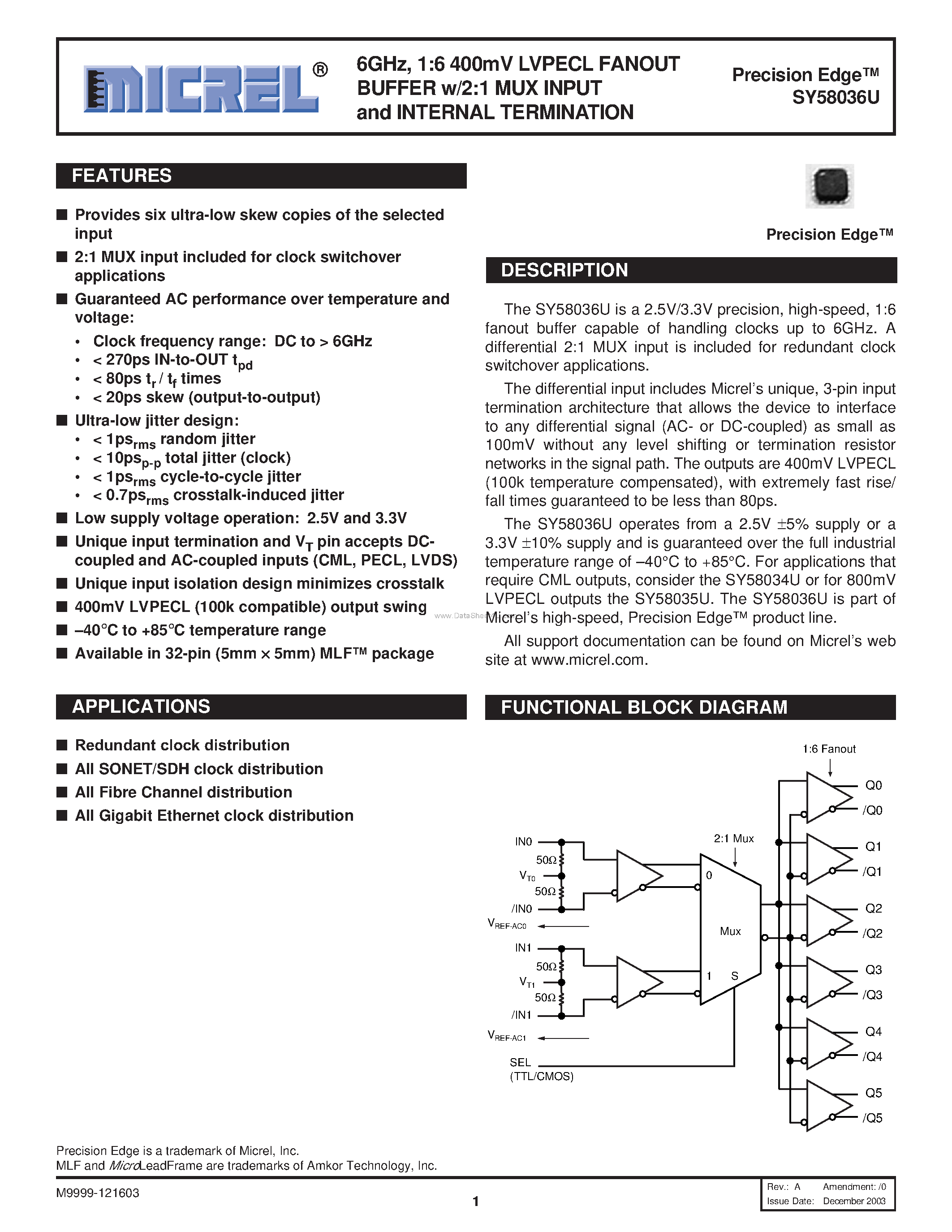 Даташит на микросхему SY58036U страница 1 Даташит SY58036U - 1:6 400mV LVPECL FANOUT BUFFER страница 1