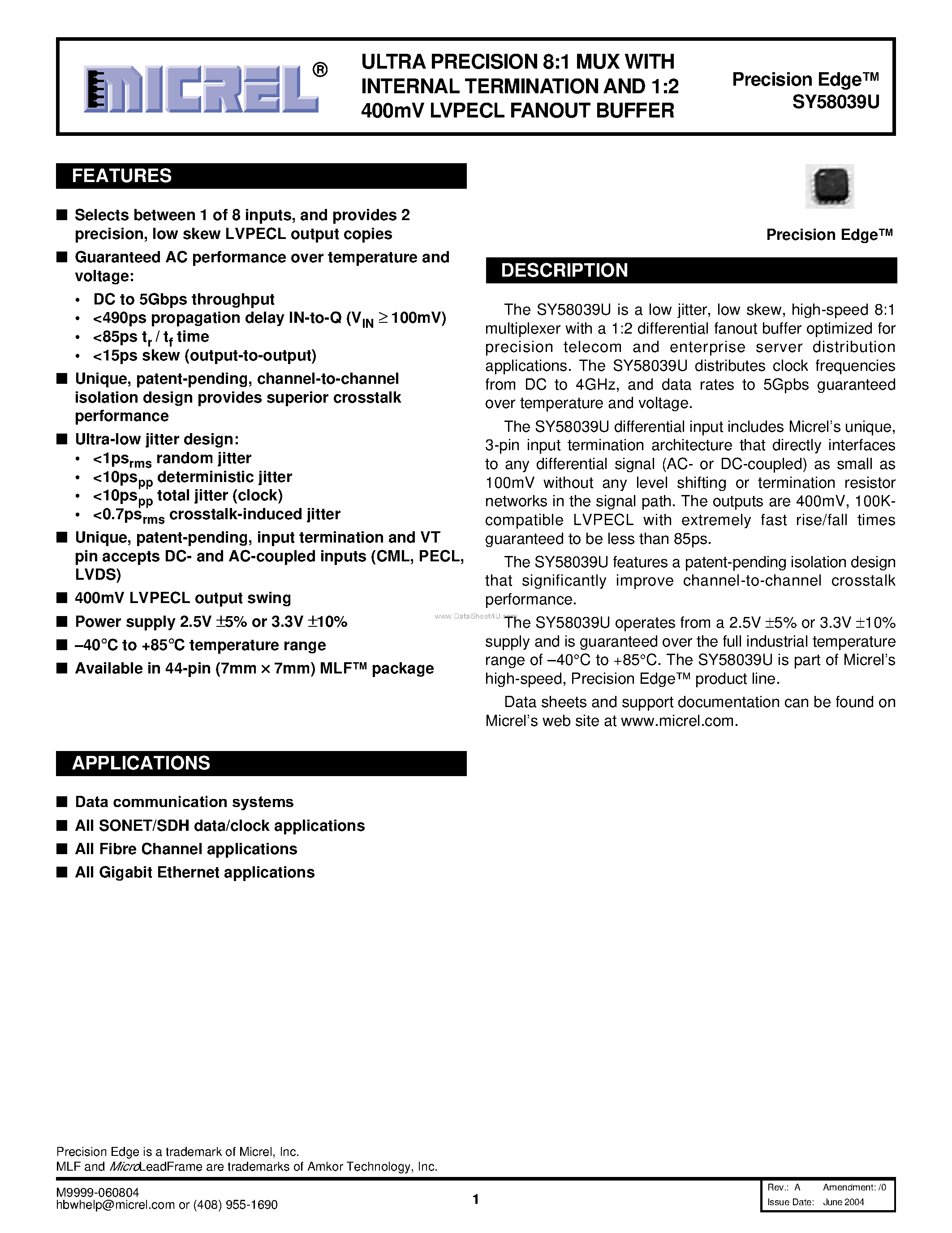 Datasheet SY58039U - ULTRA PRECISION 8:1 MUX page 1