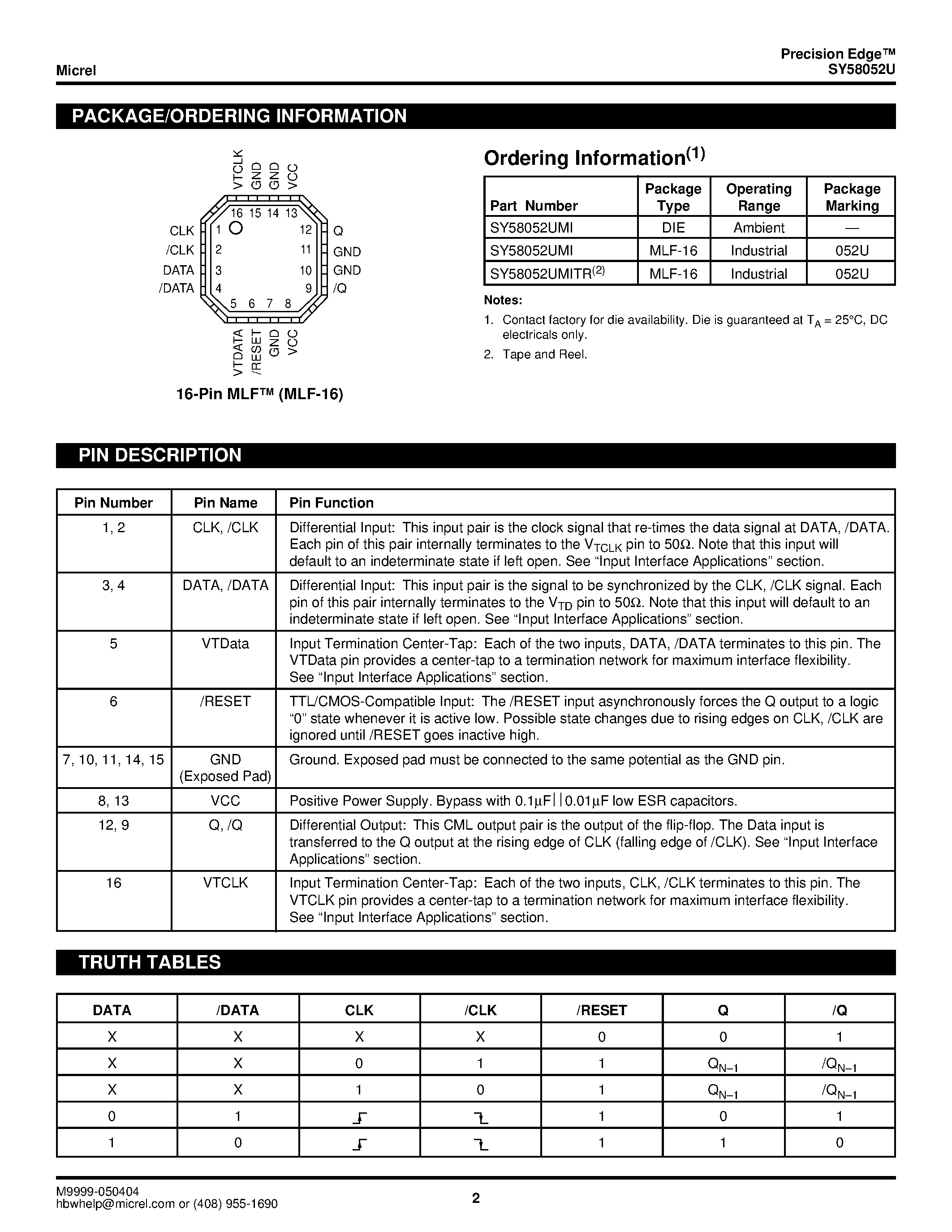 Datasheet SY58052U page 2 Datasheet SY58052U - ULTRA-PRECISION DIFFERENTIAL 400MV LVPECL 2:1 MUX page 2
