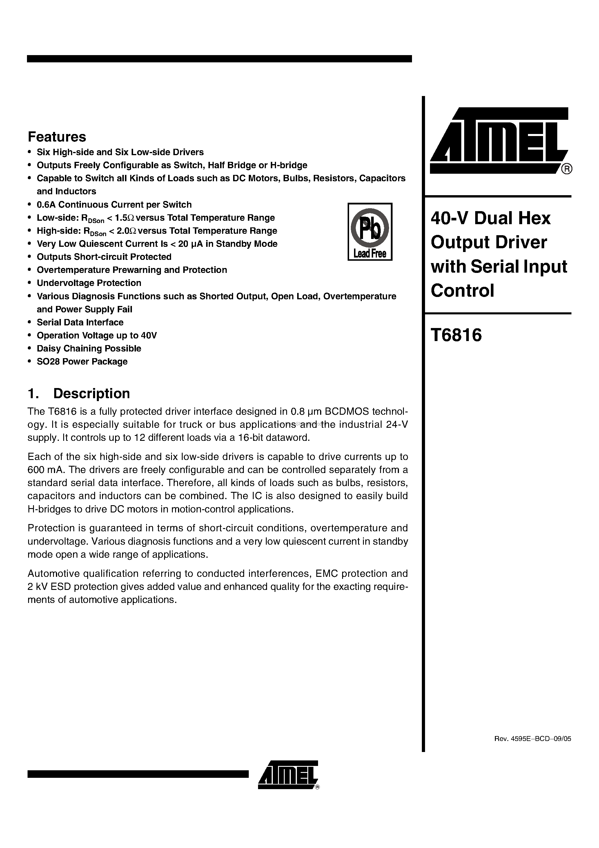 Datasheet T6816 - Dual Hex Output Driver page 1