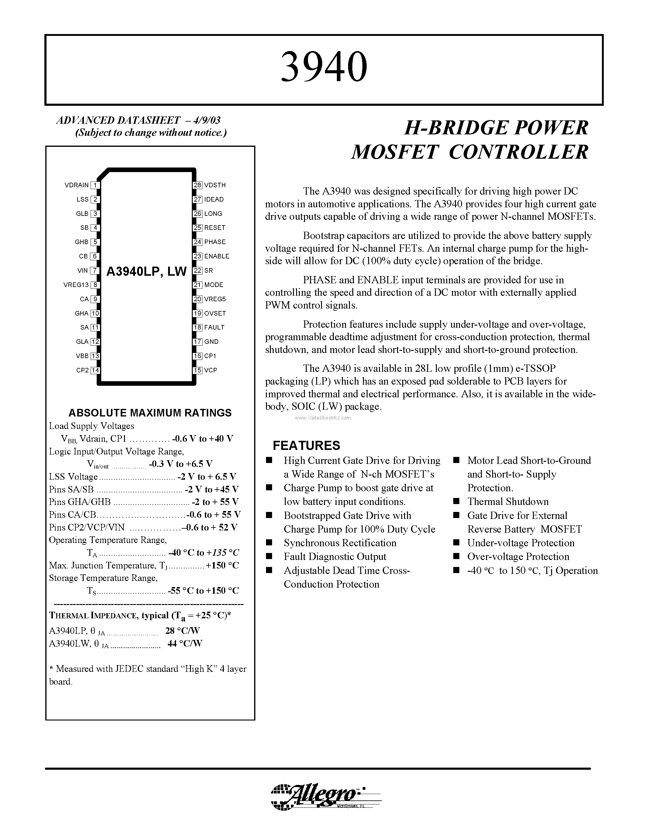Datasheet 3940 page 1 Datasheet 3940 - H-bridge Power MOSFET Controller page 1