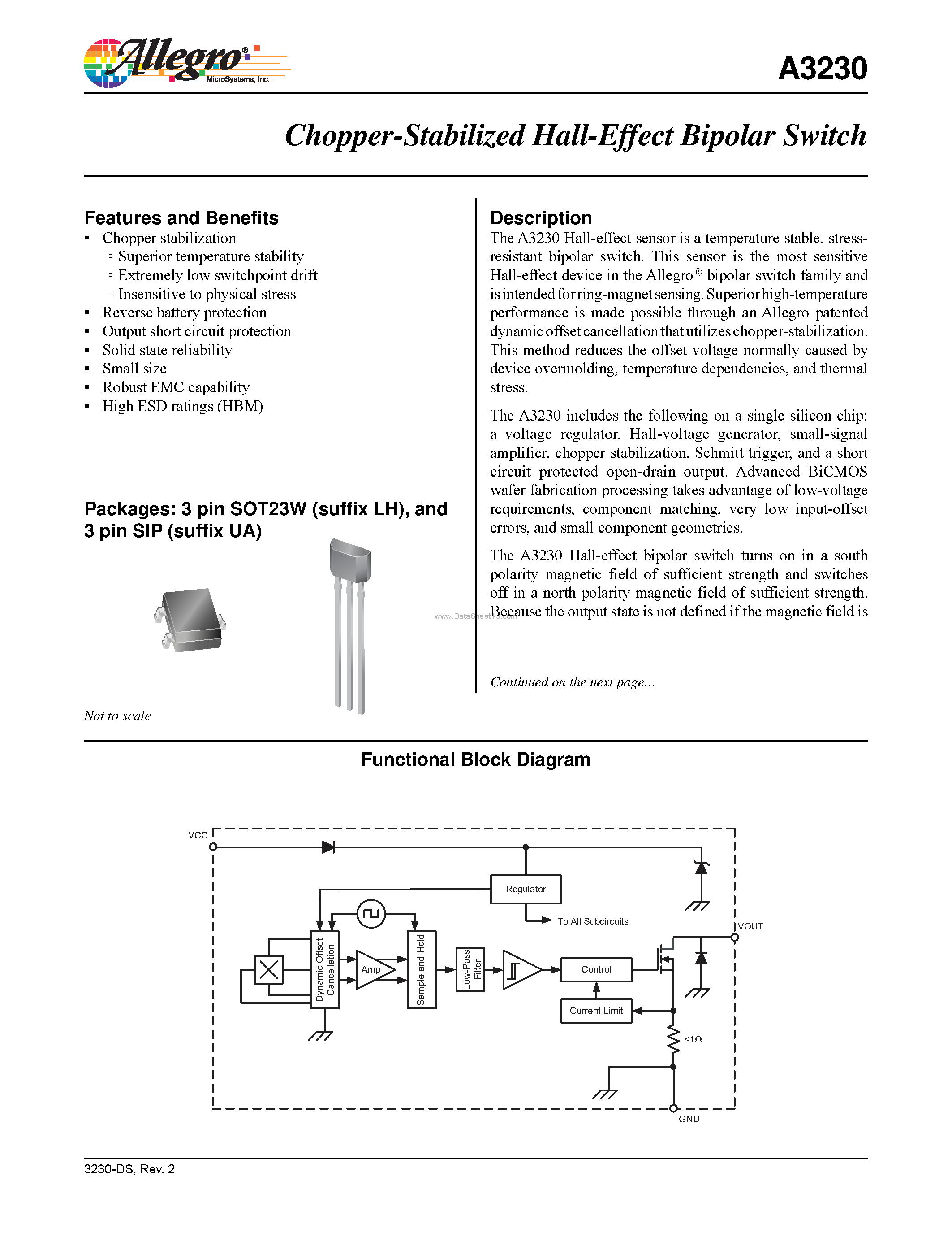 Datasheet A3230 - Chopper-Stabilized Hall-Effect Bipolar Switch page 1