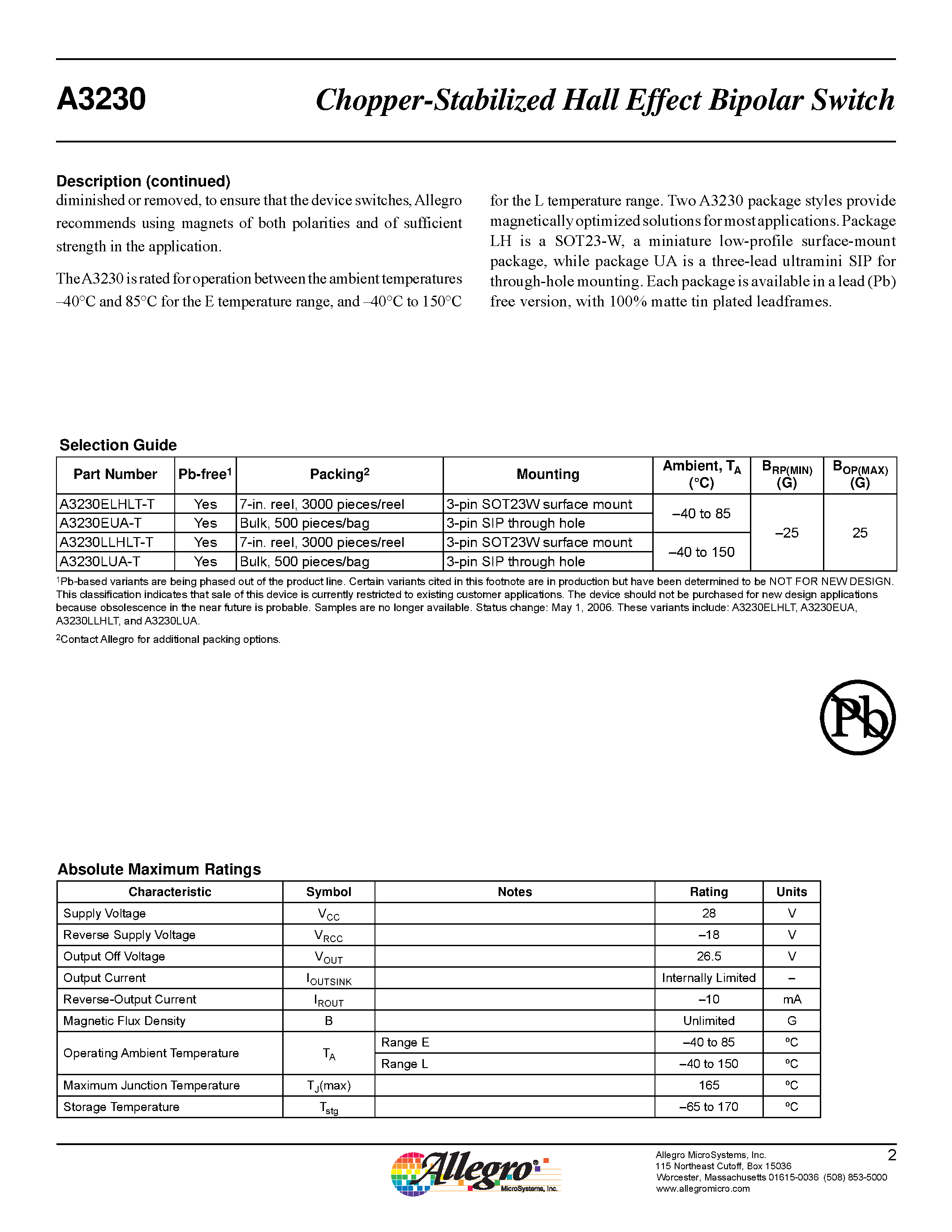 Datasheet A3230 - Chopper-Stabilized Hall-Effect Bipolar Switch page 2