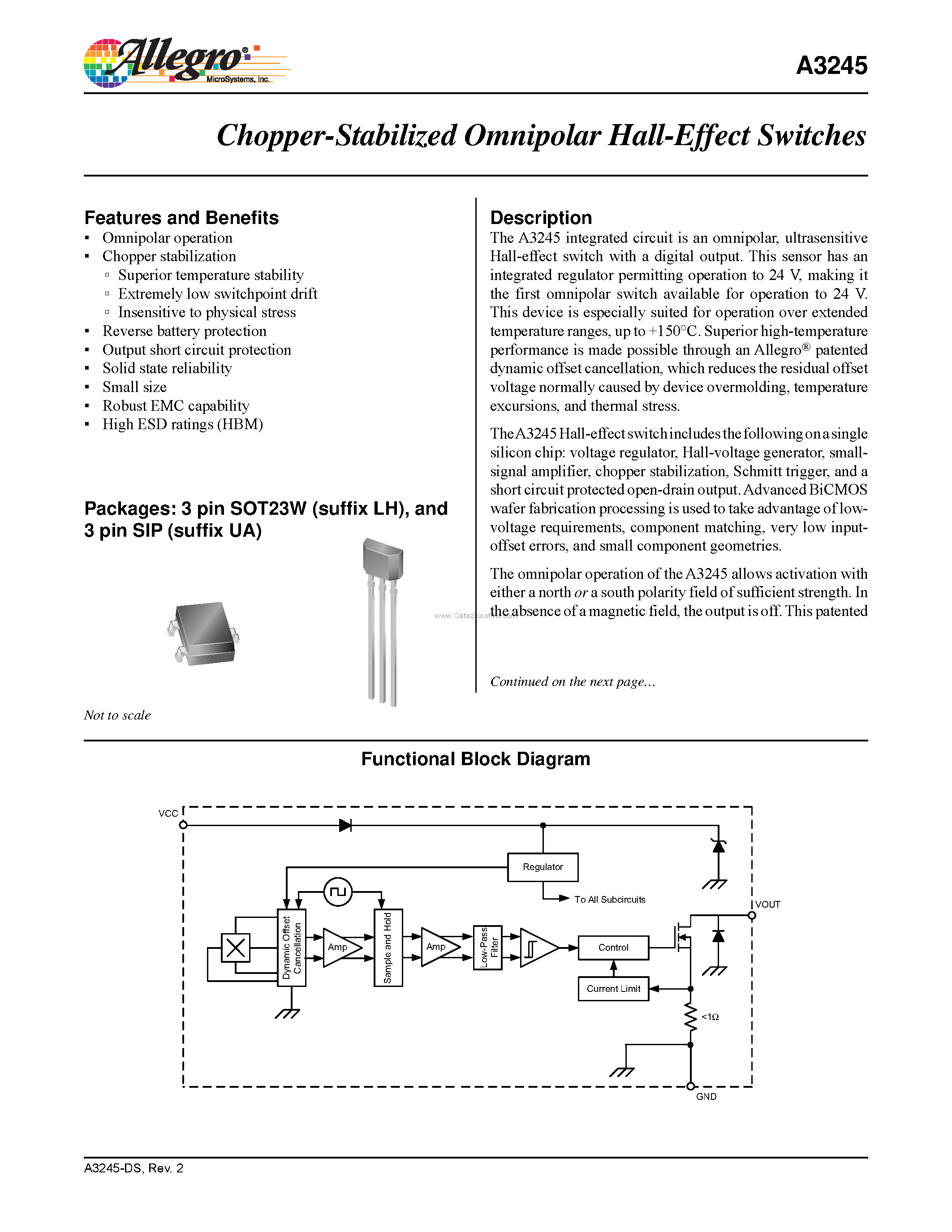 Datasheet A3245 - Chopper-Stabilized Omnipolar Hall-Effect Switches page 1