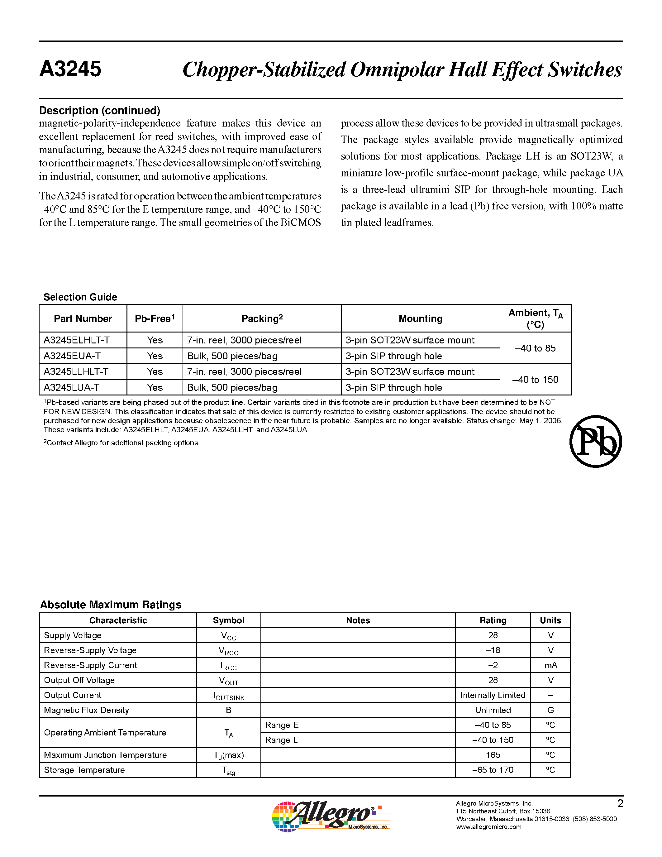 Datasheet A3245 - Chopper-Stabilized Omnipolar Hall-Effect Switches page 2
