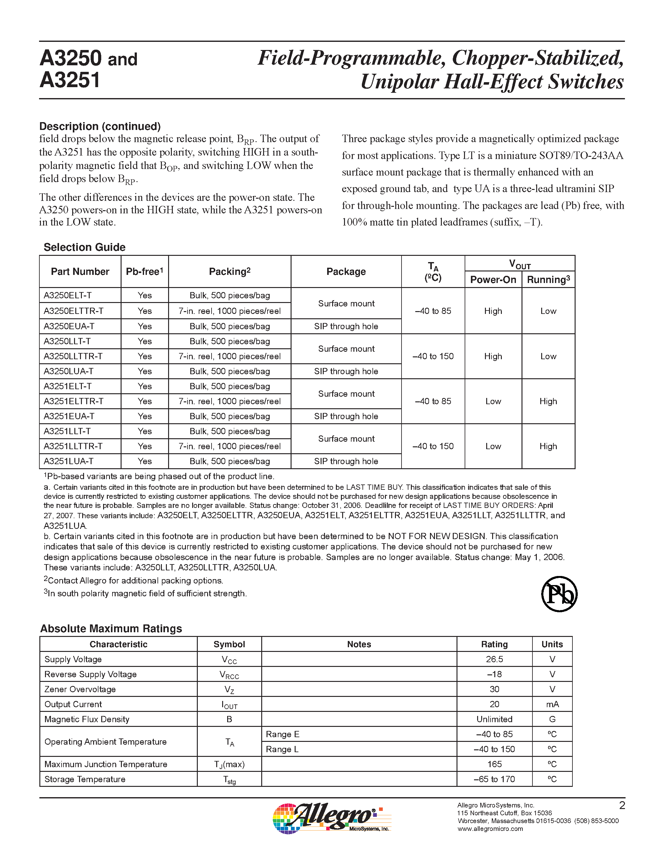 Datasheet A3250 - (A3250 / A3251) Chopper-Stabilized Unipolar Hall-Effect Switches page 2