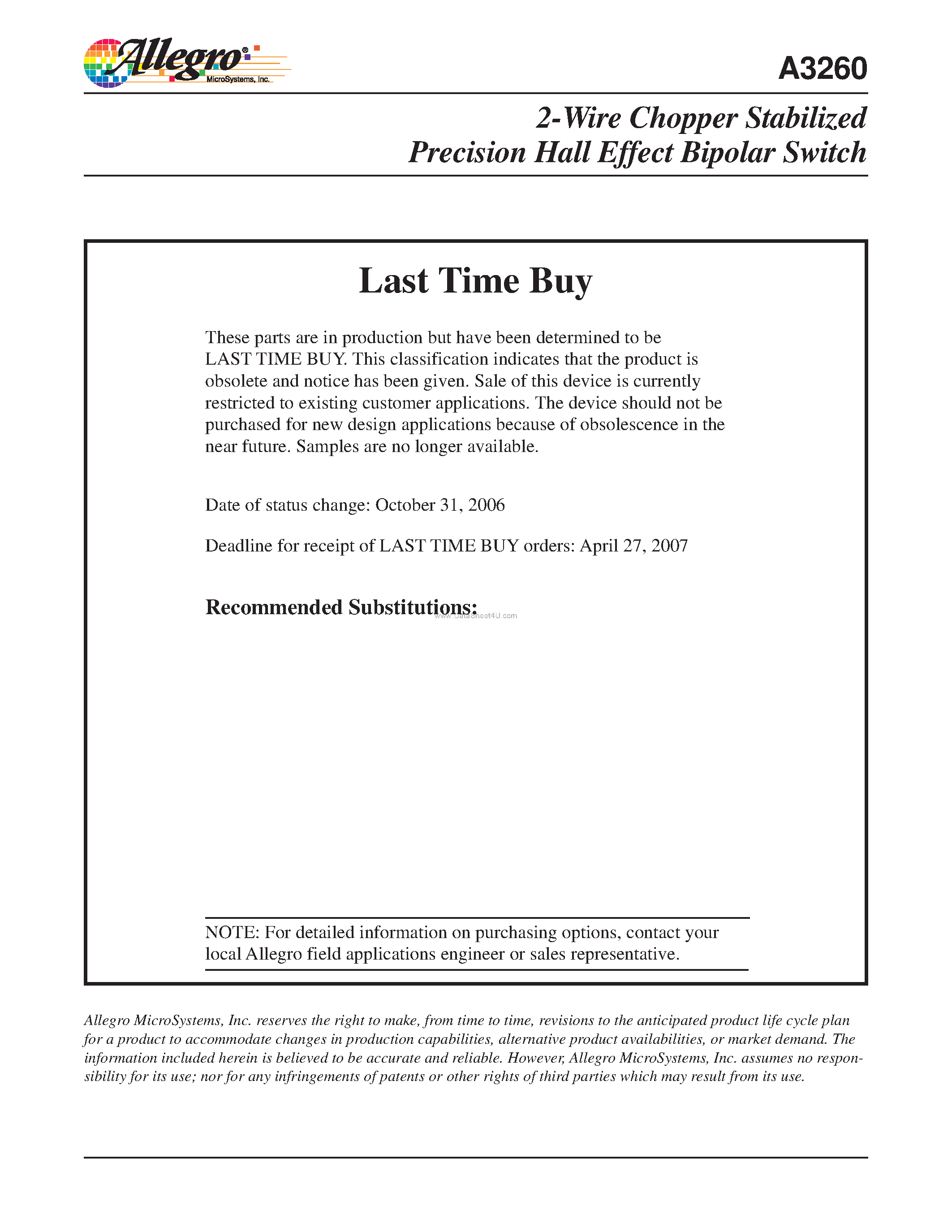 Datasheet A3260 - 2-Wire Chopper Stabilized Precision Hall Effect Bipolar Switch page 1