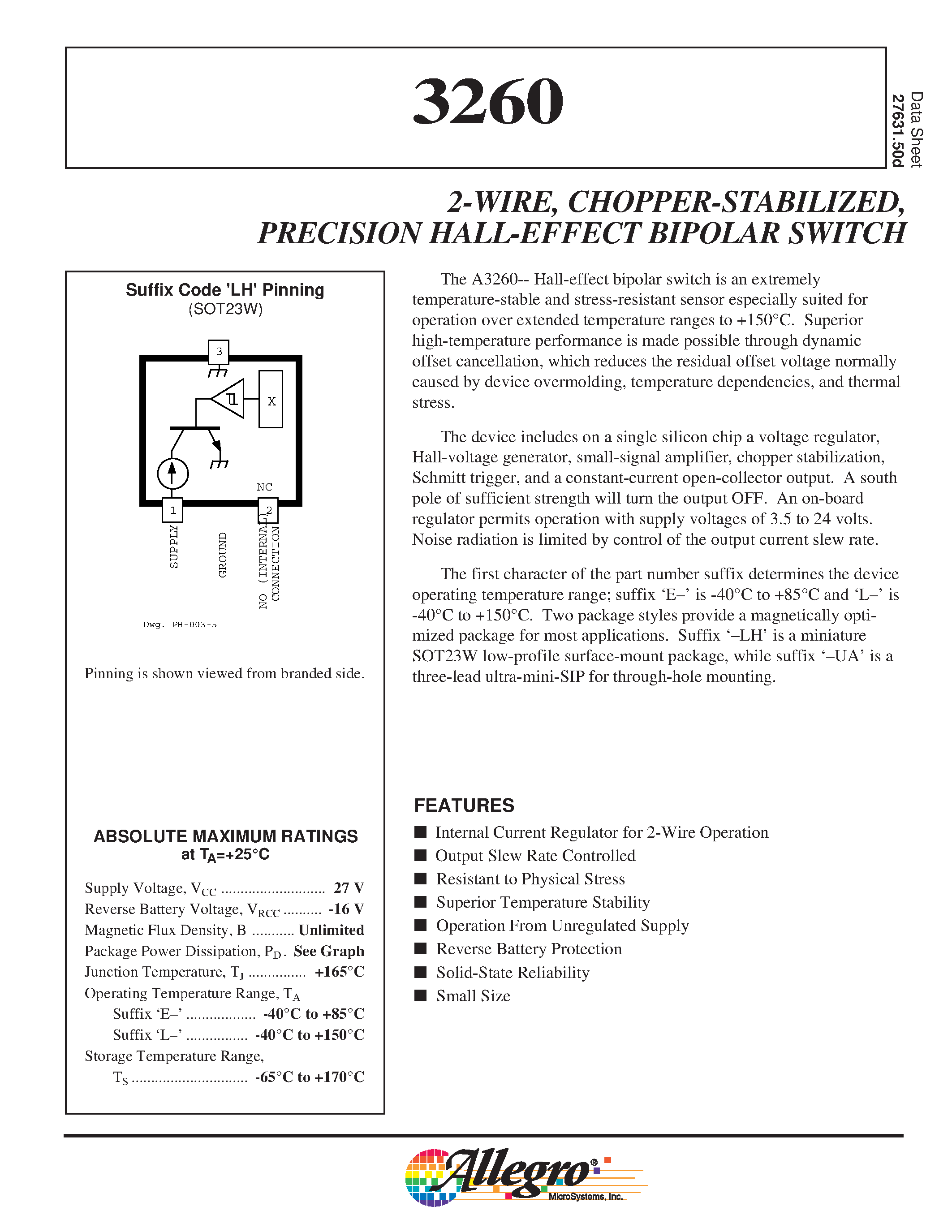 Datasheet A3260 - 2-Wire Chopper Stabilized Precision Hall Effect Bipolar Switch page 2