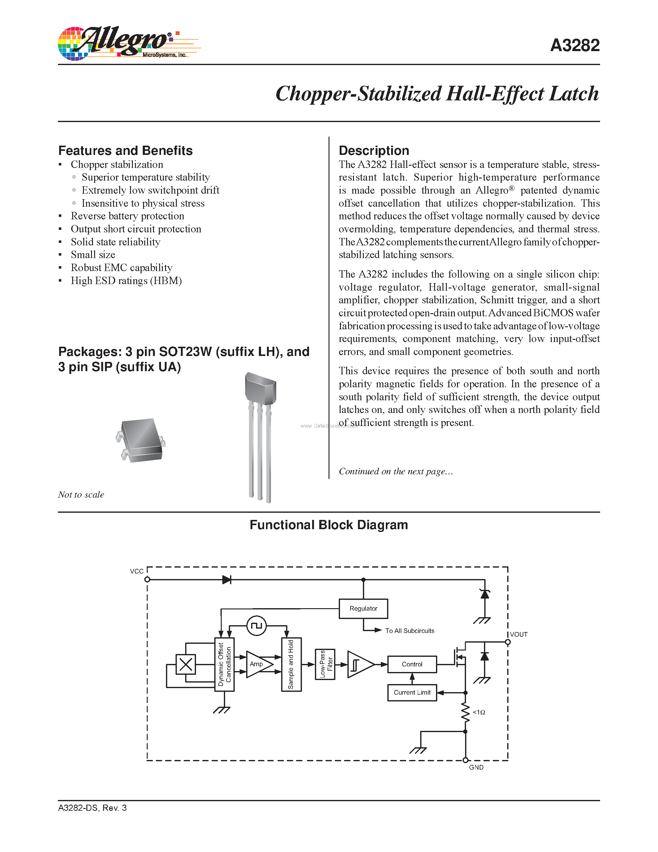 Datasheet A3282 - Chopper-Stabilized Hall Effect Latch page 1