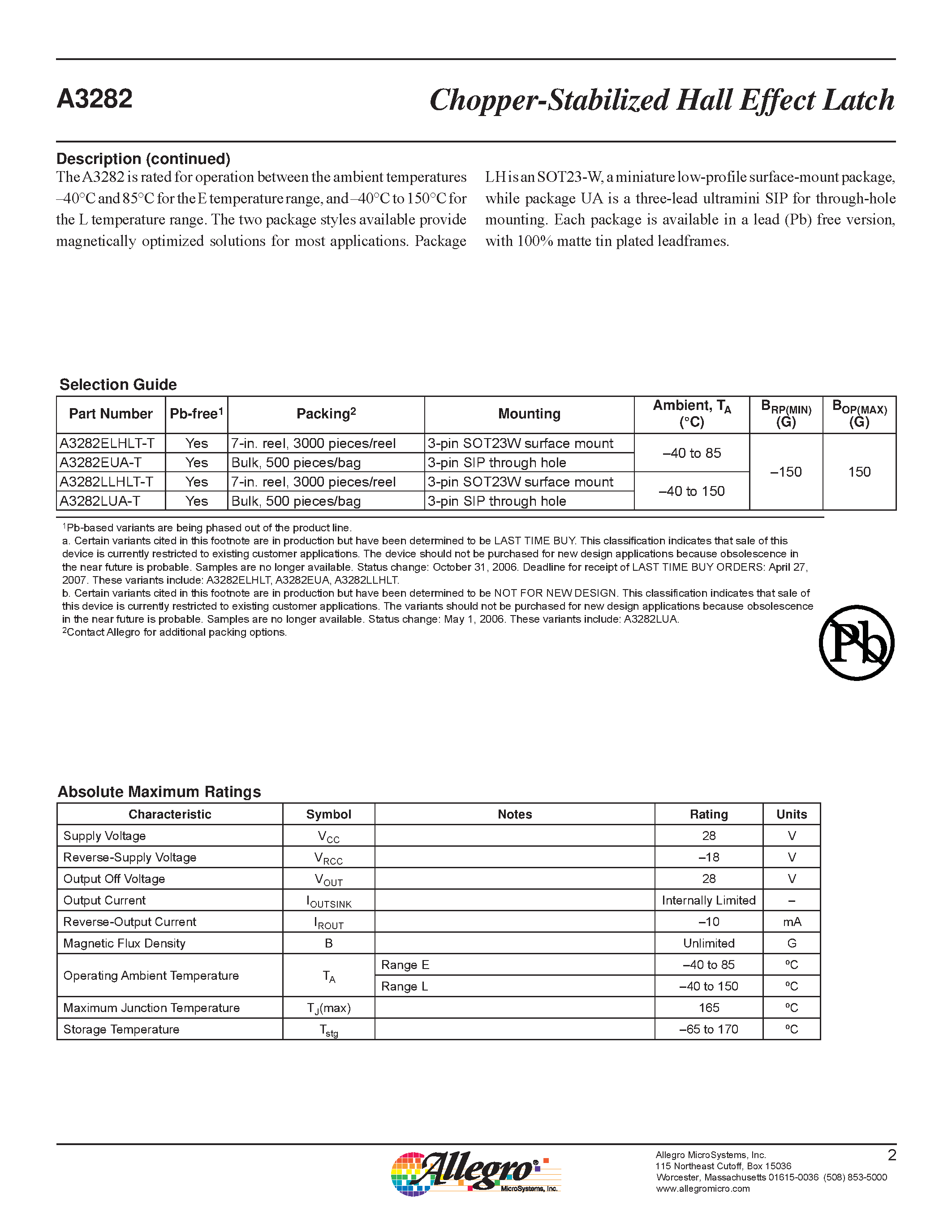 Datasheet A3282 - Chopper-Stabilized Hall Effect Latch page 2