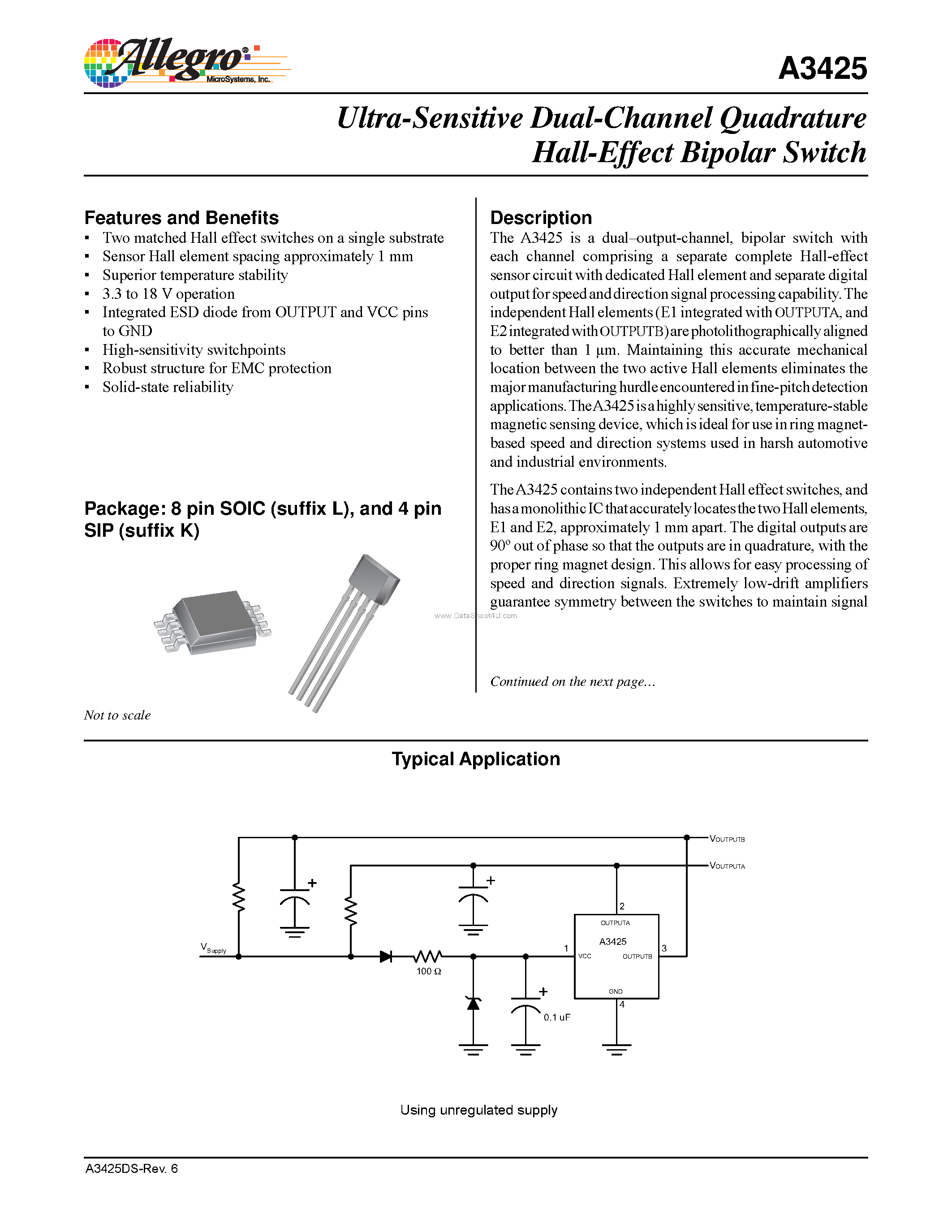Даташит на микросхему A3425 страница 1 Даташит A3425 - Ultra-Sensitive Dual-Channel Quadrature Hall-Effect Bipolar Switch страница 1