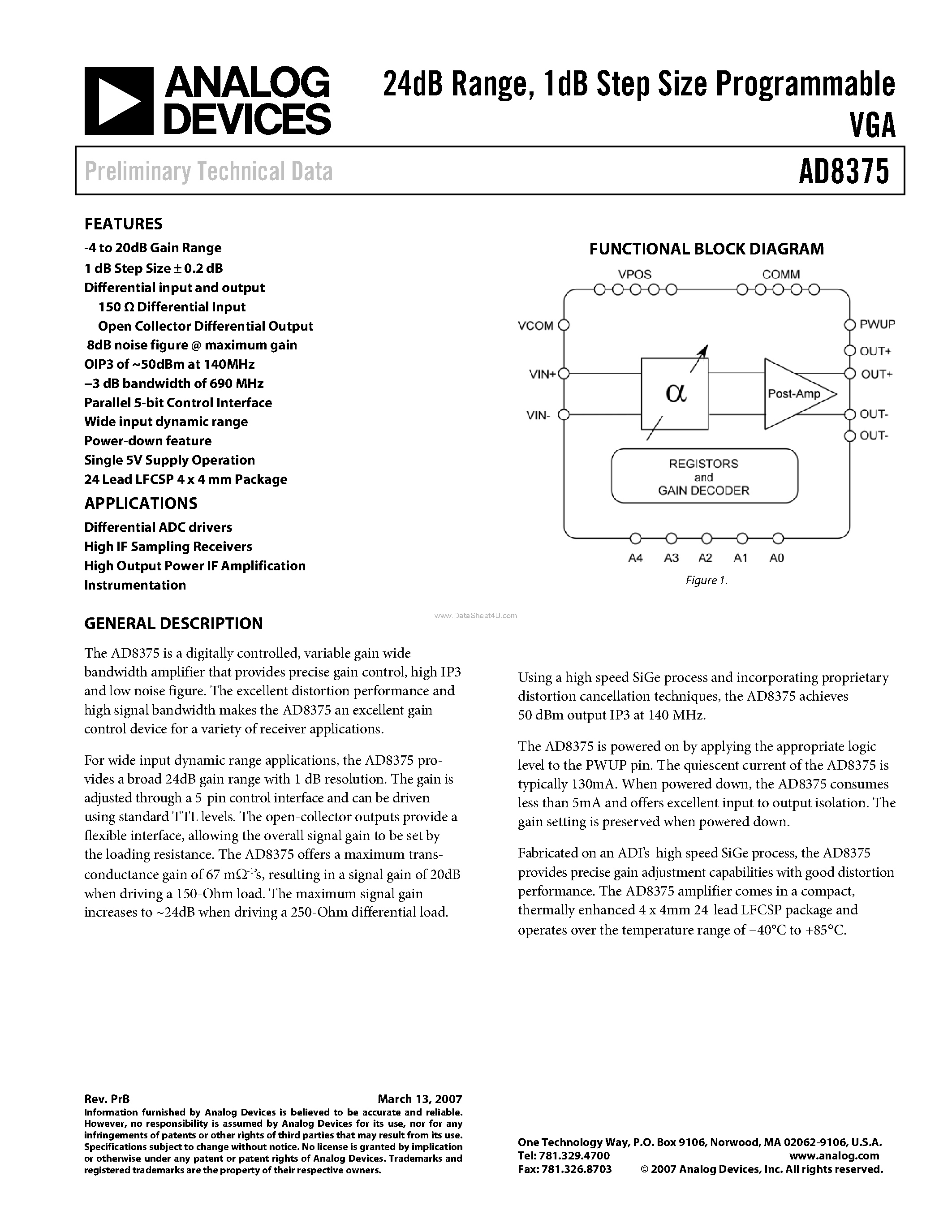 Datasheet AD8375 - Step Size Programmable VGA page 1