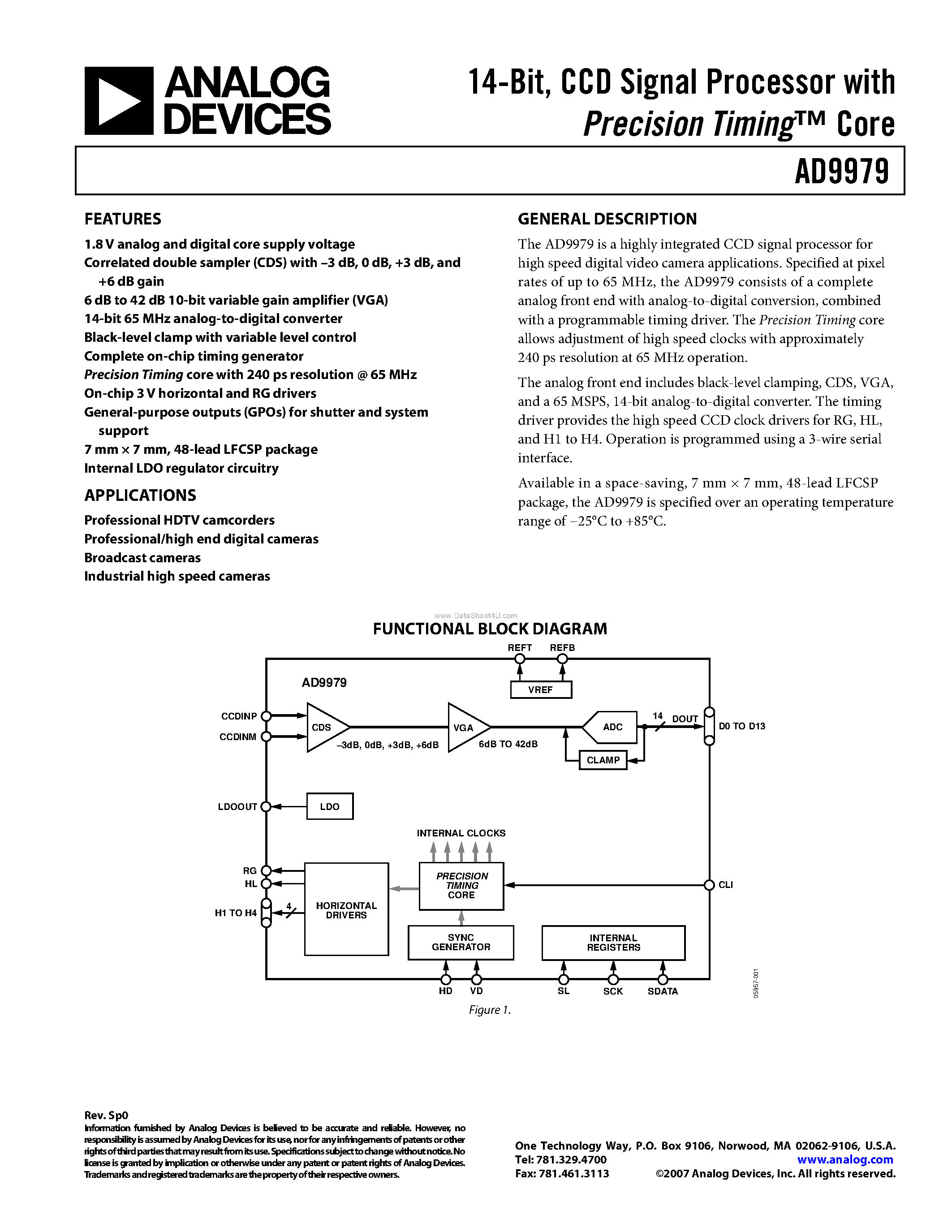Datasheet AD9979 page 1 Datasheet AD9979 - CCD Signal Processor page 1