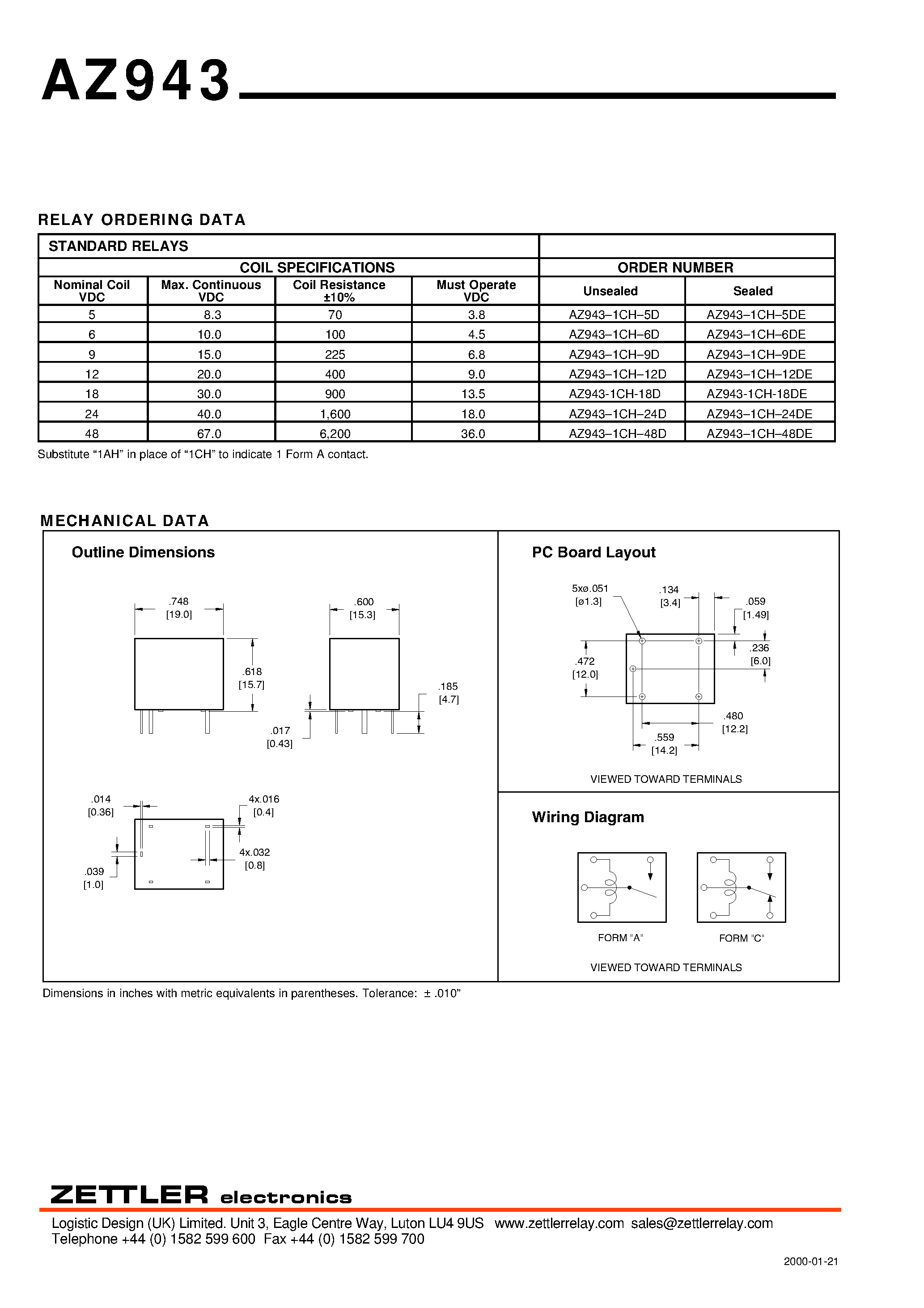 Даташит AZ943 - MINIATURE PC BOARD RELAY страница 2
