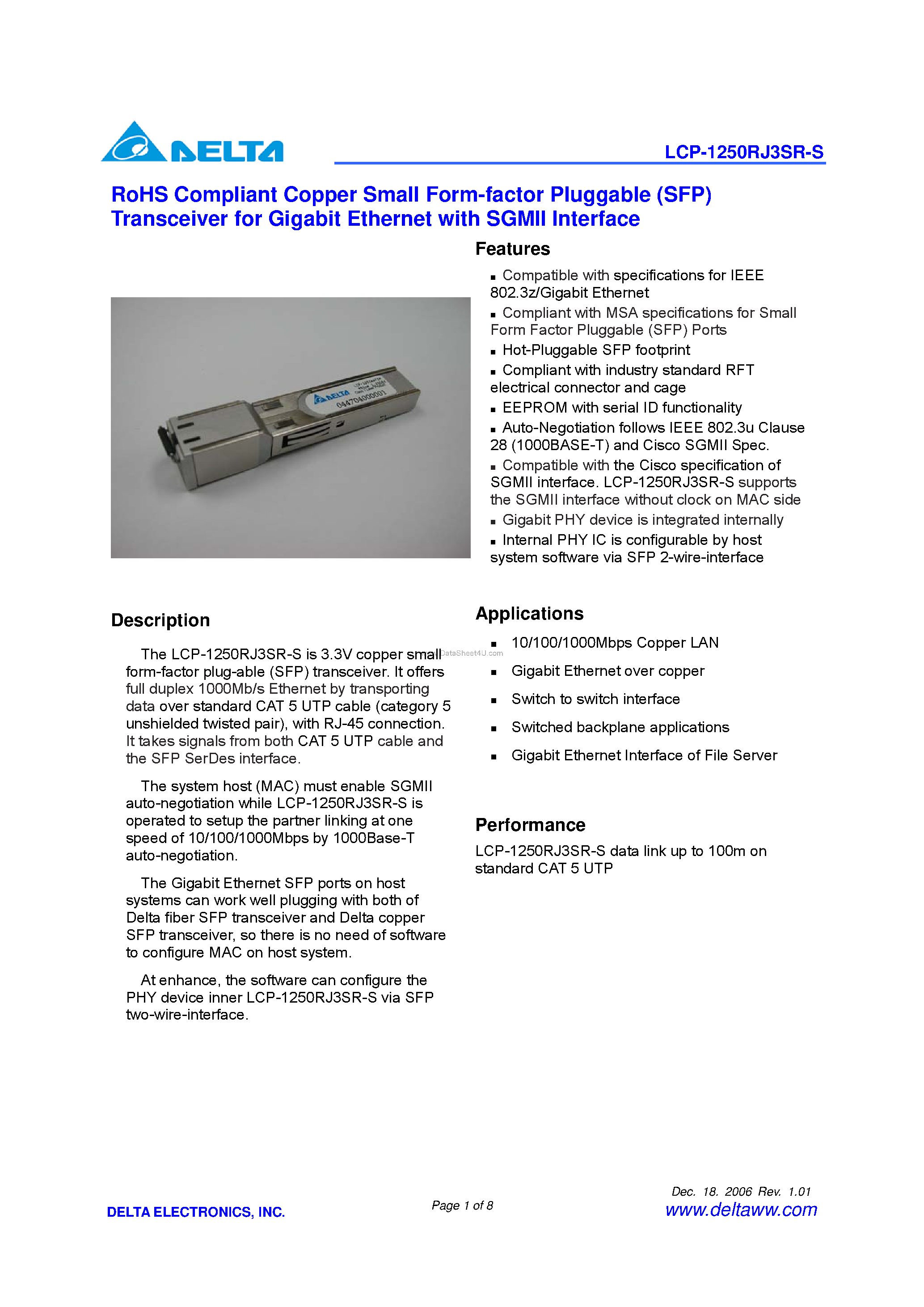 Datasheet LCP-1250RJ3SR-S - RoHS Compliant Copper Small Form-factor Pluggable (SFP) Transceiver page 1